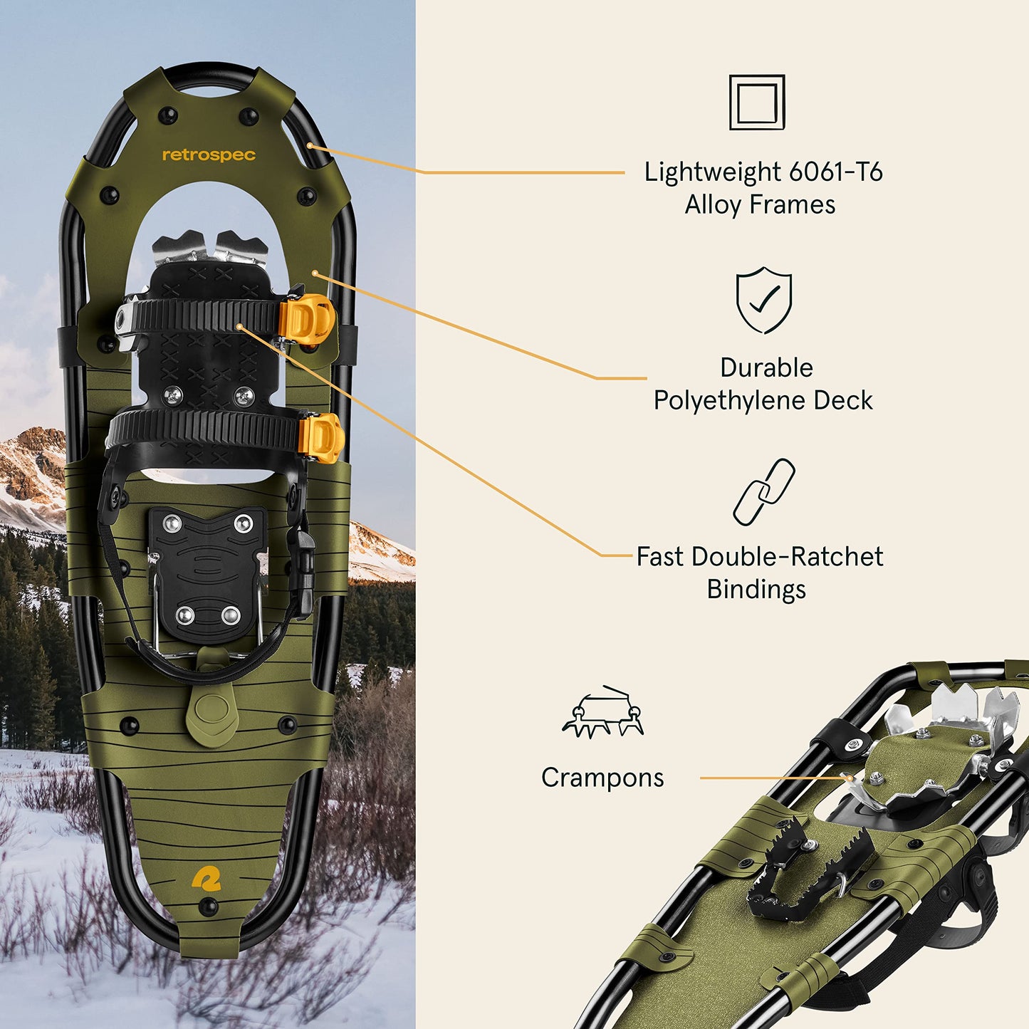 Retrospec Drifter Snowshoes & Trekking Poles Bundle with Adjustable Bindings - Lightweight Aluminum Frame for All Terrain Hiking & Winter Sports