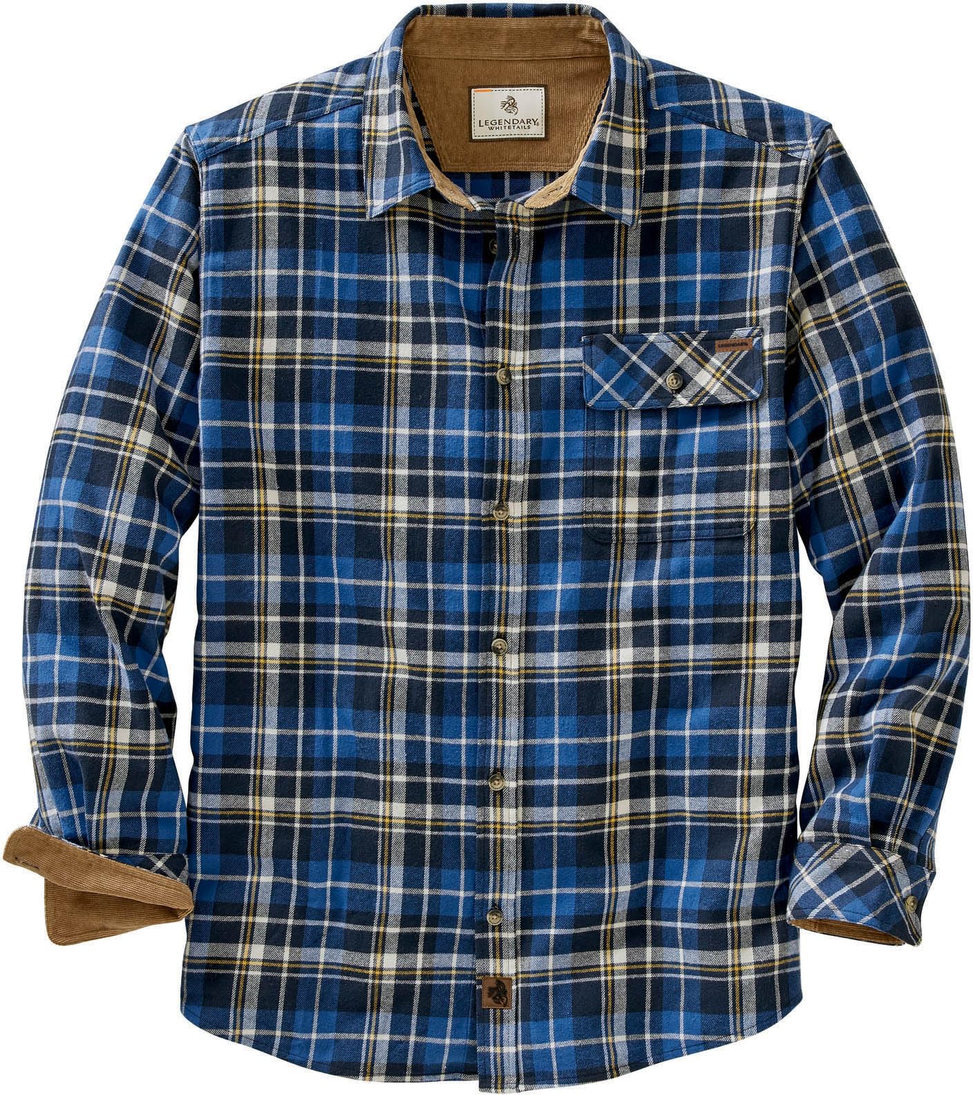 Legendary Whitetails Men's Buck Camp Flannel, Long Sleeve Plaid Button Down Casual Shirt, Corduroy Cuffs