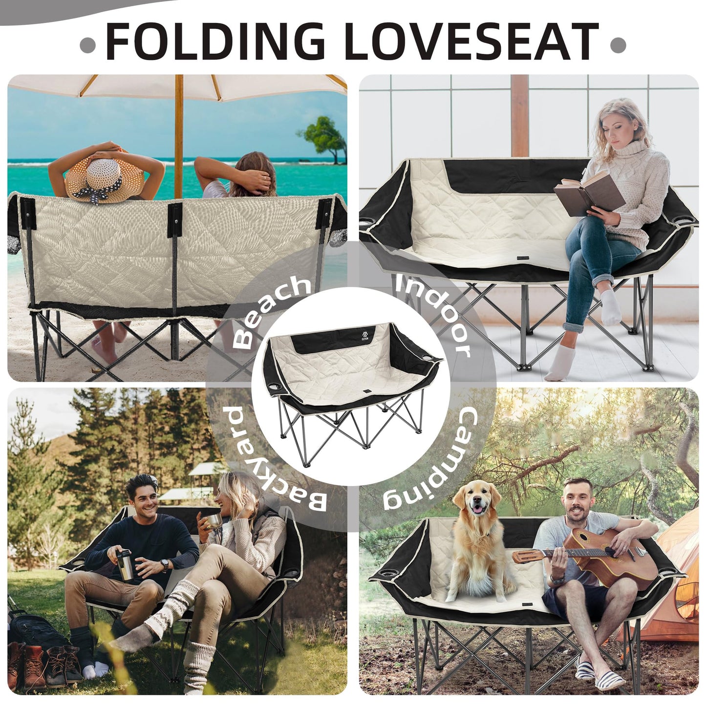 Camping Chair, Oversized Loveseat Double 2 Person Outdoor Chair with Arms, Cup Holder and Carry Bag, Heavy-Duty Collapsible Chair for Outside,Black/Gray