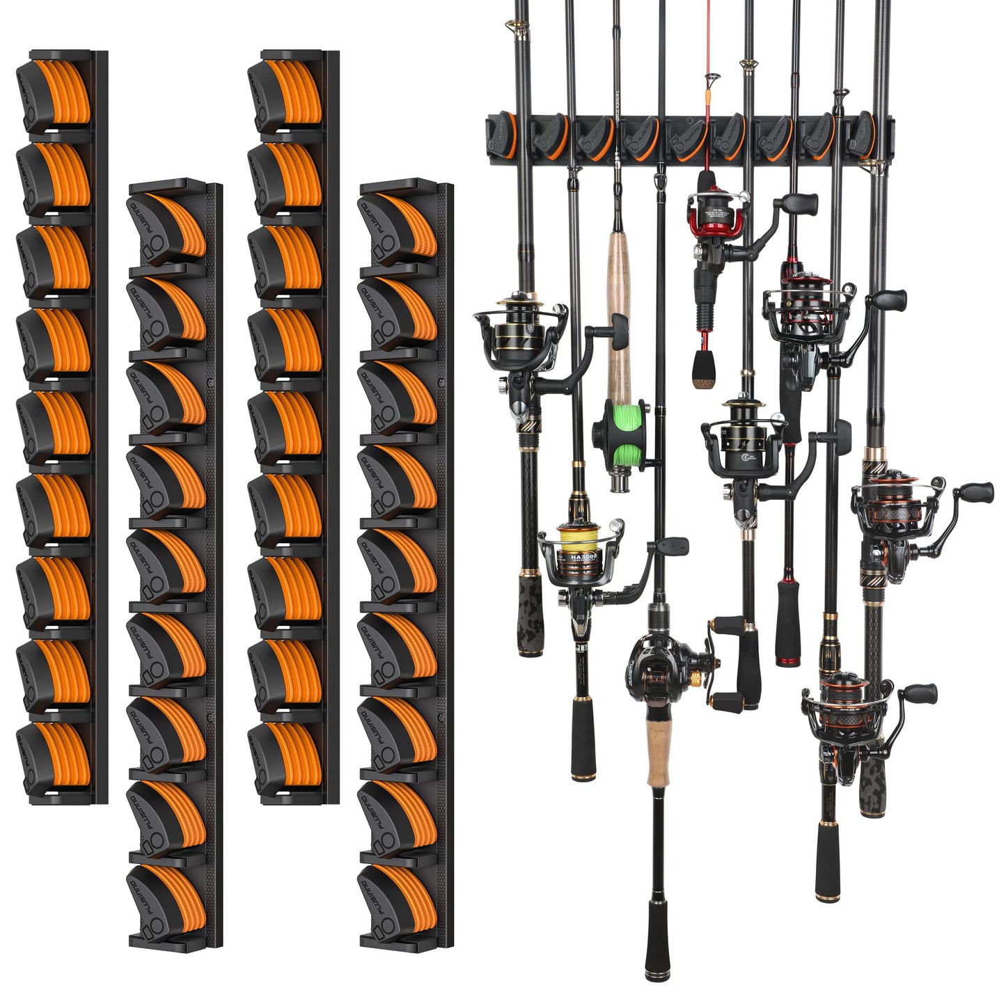 PLUSINNO Vertical Fishing Rod Holder, Wall Mounted Fishing Rod Rack, Fishing Pole Holder Holds Up to 9 Rods or Combos, Fishing Rod Holders for Garage, Fits Most Rods of Diameter 3-19mm