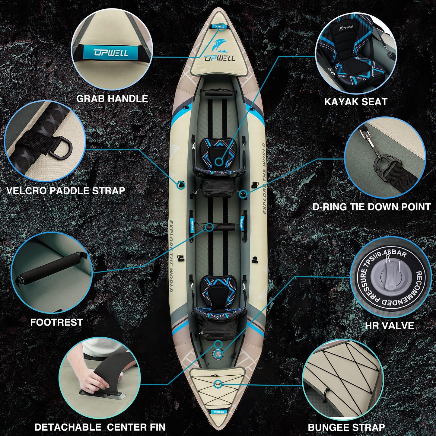 UPWELL 13'6”/11' Inflatable Recreational Kayak - 2 Person with Drop Stitch Floor and Accessories Including Kayak Seats with High Back Support, Paddle, Fin, Repair Kits, Carry Bag and Hand Pump