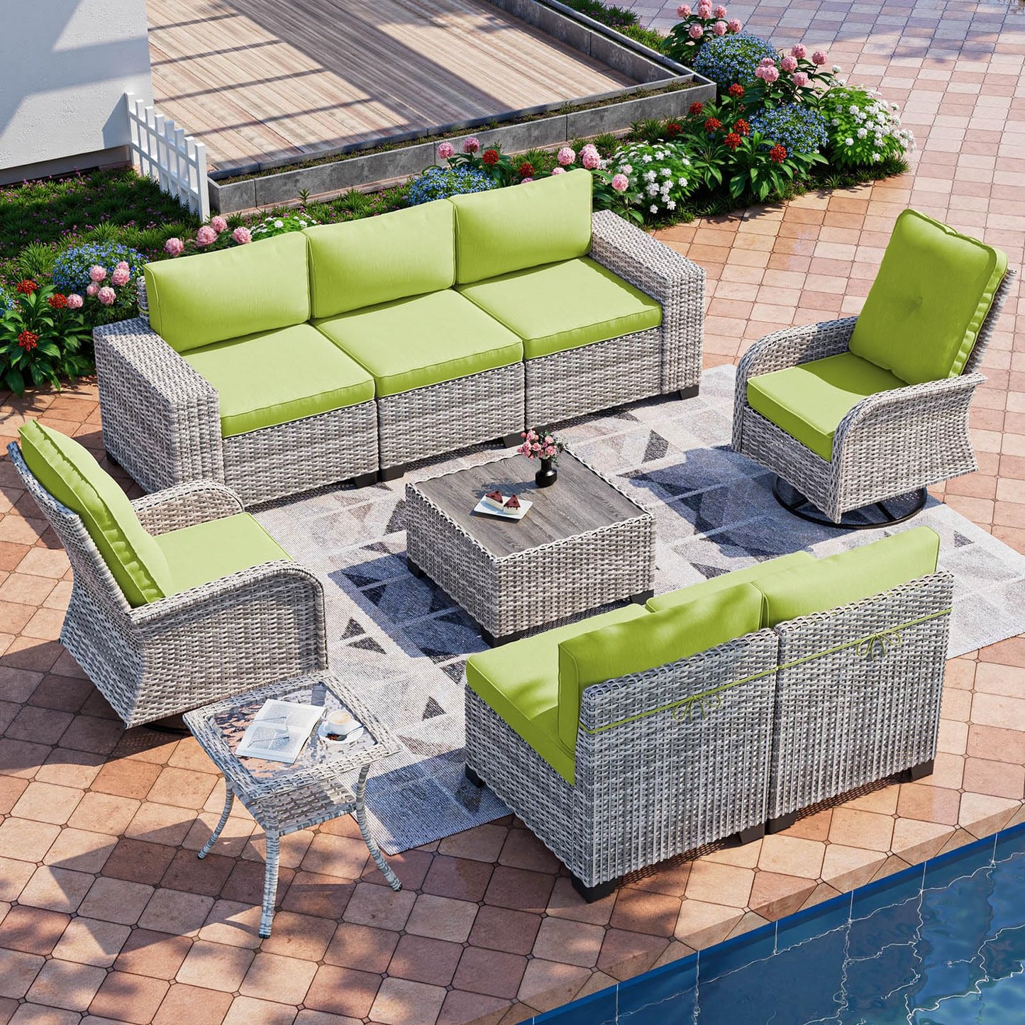 6-Piece Outdoor Patio Furniture Set Wicker Sectional Sofa Set, Patio Conversation Set with Thickened Cushions & Coffee Table for Garden, Backyard, Poolside, Beige