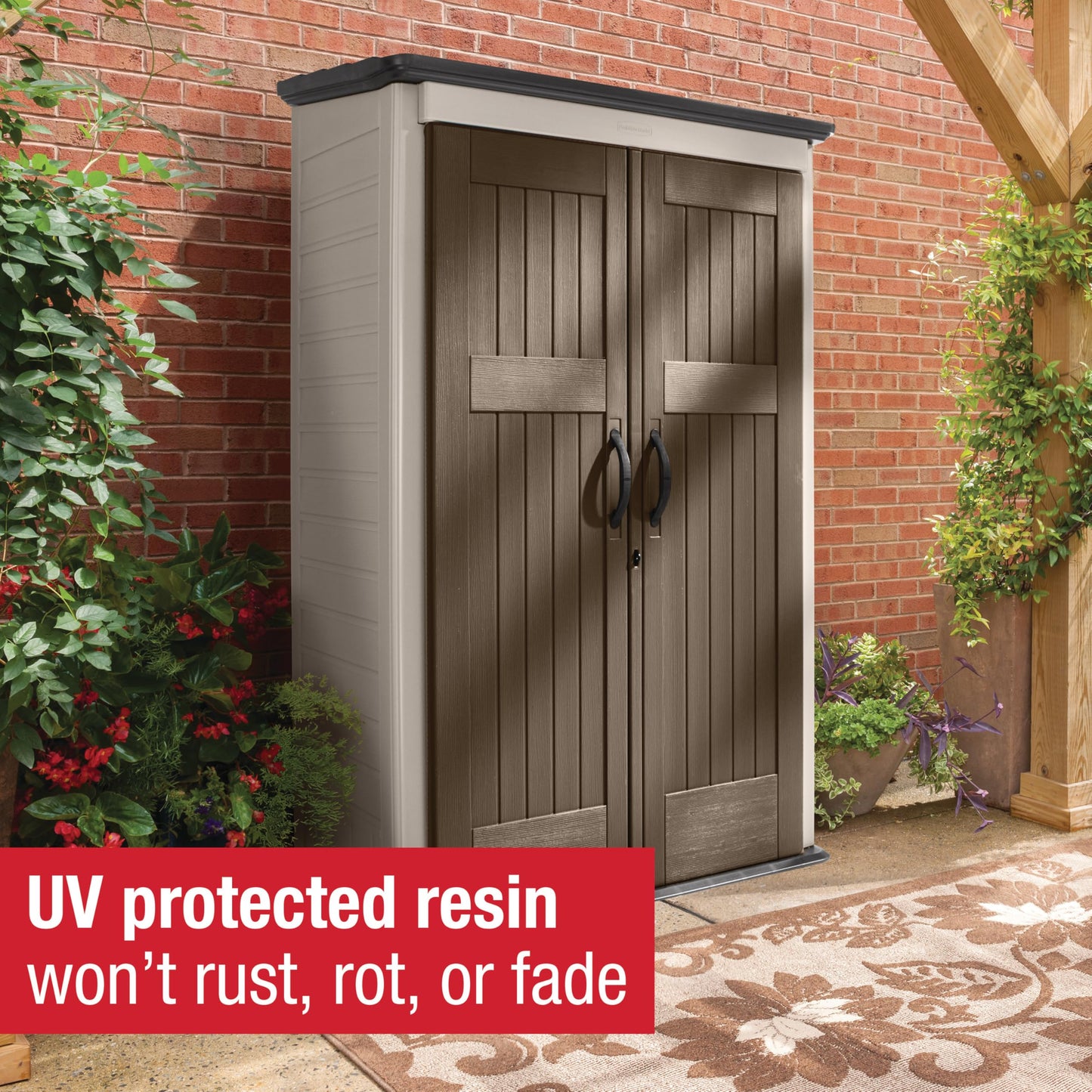 Rubbermaid Vertical Resin Outdoor Storage Shed With Floor (4 x 2.5 Ft) Weather Resistant Brown Organization for Home/Backyard/Garden Tools/Porch/Patio Cushions/Pool Chemicals/Toys
