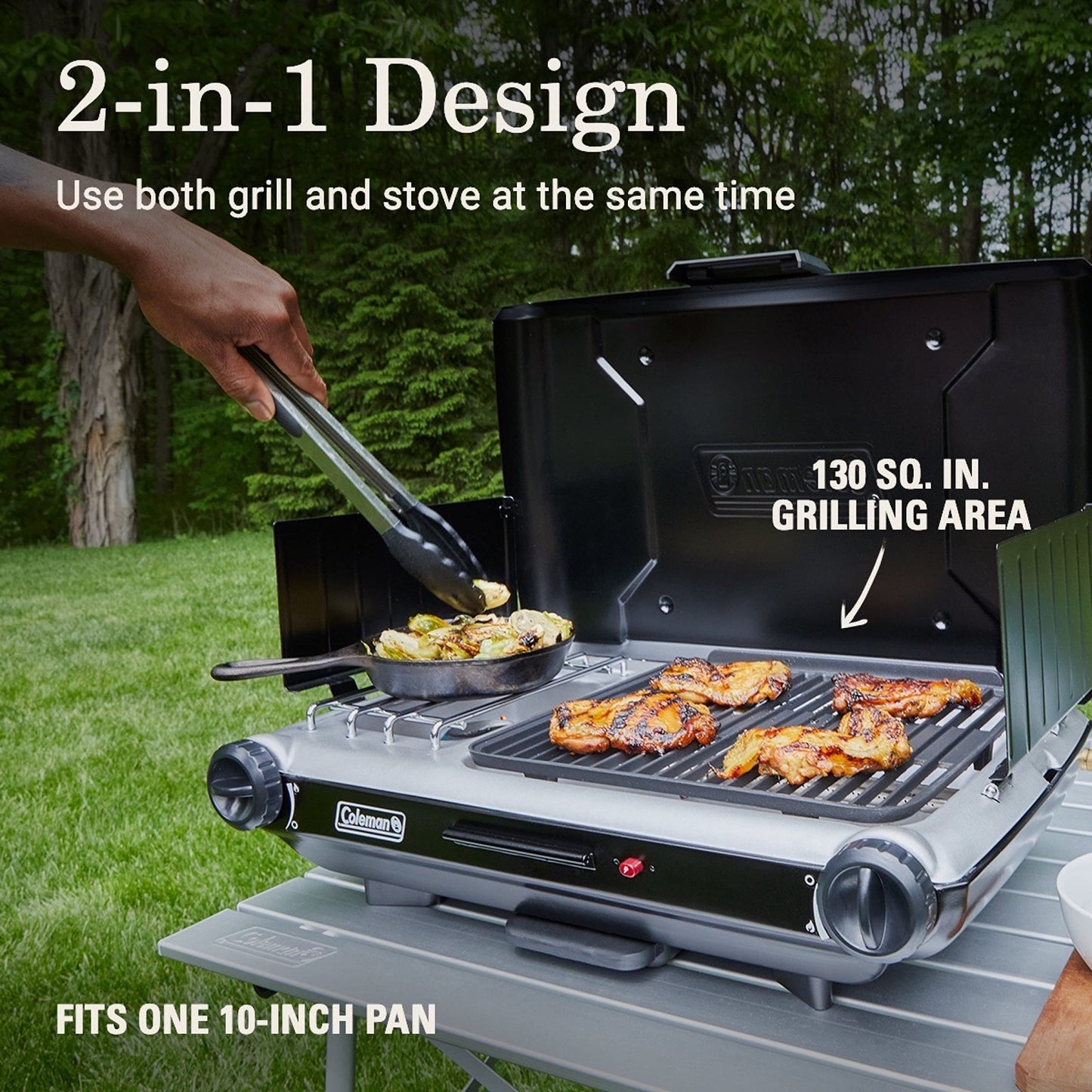 Coleman Tabletop 2-in-1 Grill & Stove with 2 Adjustable Burners, Propane Grill/Stove with Push-Button Starter, Wind Guards, Grease Tray, & 20,000 BTUs of Power for Camping, Tailgating, & More