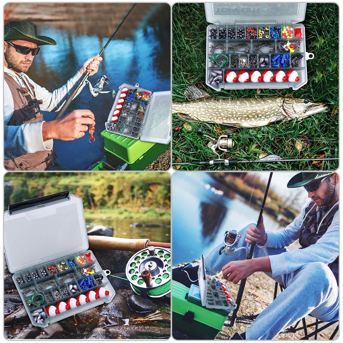 TOPFORT 187/343pcs Fishing Accessories Kit, Organized Fishing Tackle Box with Tackle Included, Fishing Hooks, Fishing Weights Sinkers, Fishing Gear and Equipment, Fishing Gift for Men