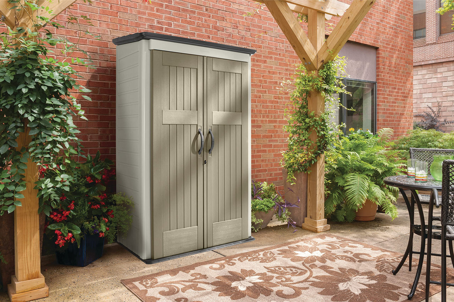 Rubbermaid Vertical Resin Outdoor Storage Shed With Floor (4 x 2.5 Ft) Weather Resistant Brown Organization for Home/Backyard/Garden Tools/Porch/Patio Cushions/Pool Chemicals/Toys
