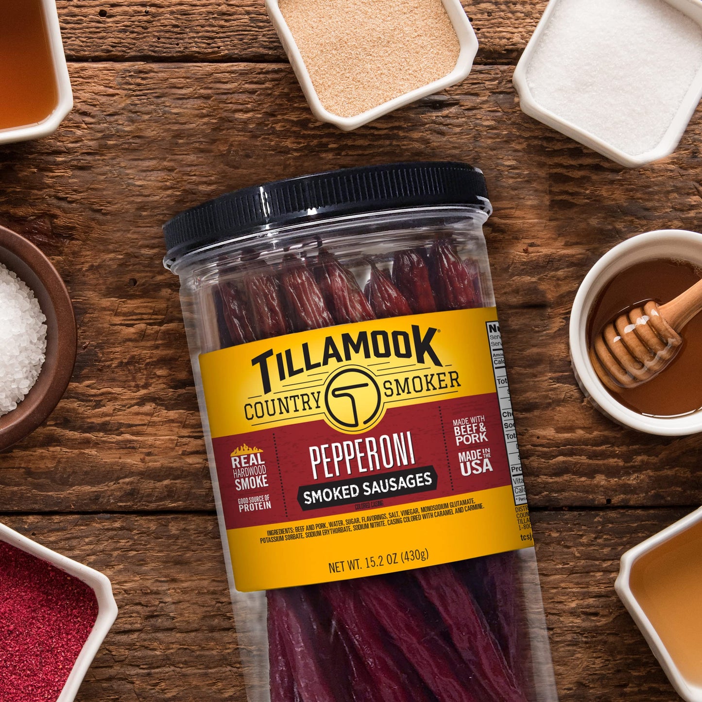 Tillamook Country Smoker Real Hardwood Smoked Sausages, Pepper, 15.2 Ounce Tall Jar, 20 Count