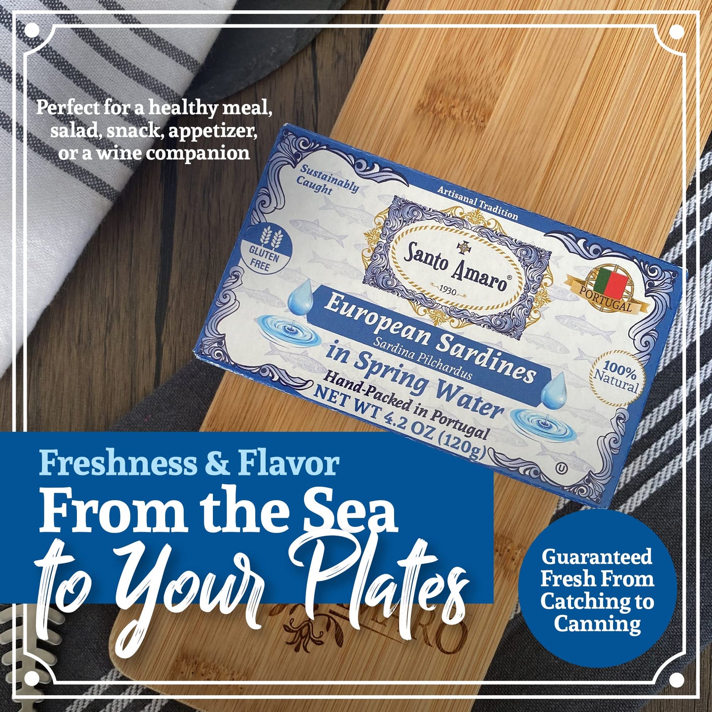 Santo Amaro - 6 Flavor Variety Pack Sampler European Wild Sardines - Virgin Olive Oil - Tomato Sauce from Puree - Virgin Olive Oil & Spicy Red Piri Piri Pepper - Spring Water - Virgin Olive Oil & Lisbon Lemon - Tomato Puree with Spicy Red Piri Piri Pepper