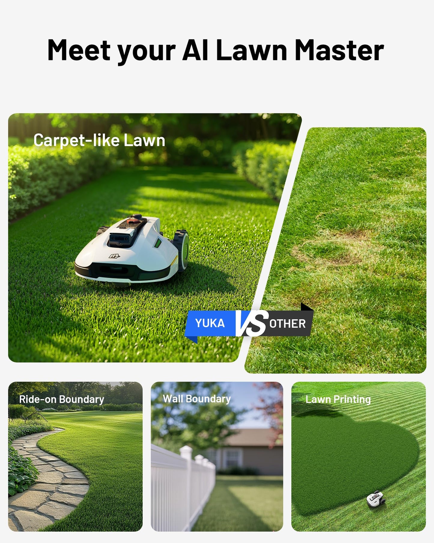 YUKA Mini 500H Robotic Lawn Mower Reception 0.12 Acre, Ultrasense AI Vision+ RTK Positioning, Auto Mapping, App Control, 50% Slope, Cutting Height 2''~3.5'', 15 Mowing Zones