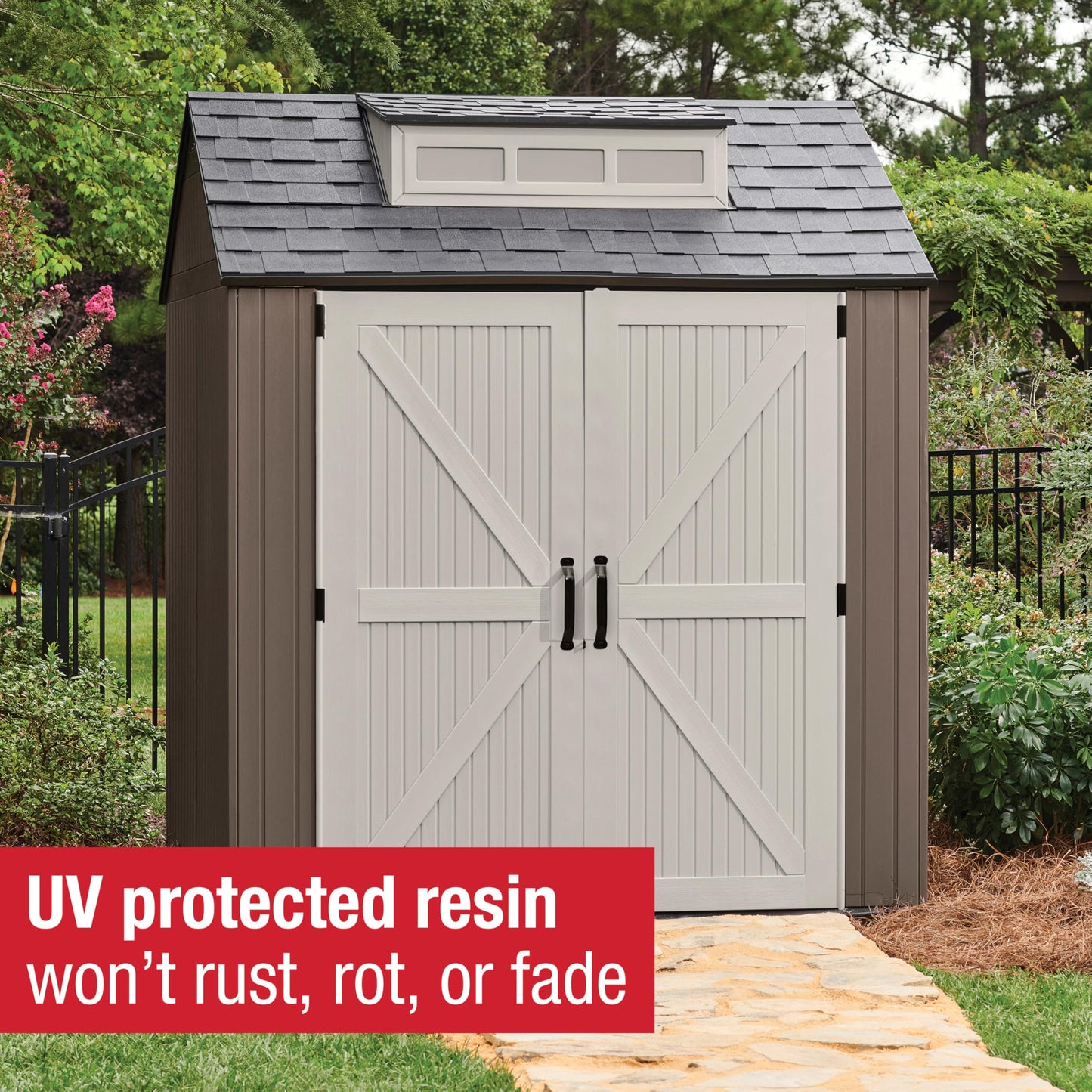 Rubbermaid Extra Large Resin Outdoor Storage Shed With Floor (7 x 10 Ft.), Weather Resistant, Brown, Organization for Home/Lawn Mower/Backyard Equipment/Bike Storage/Pool Supplies