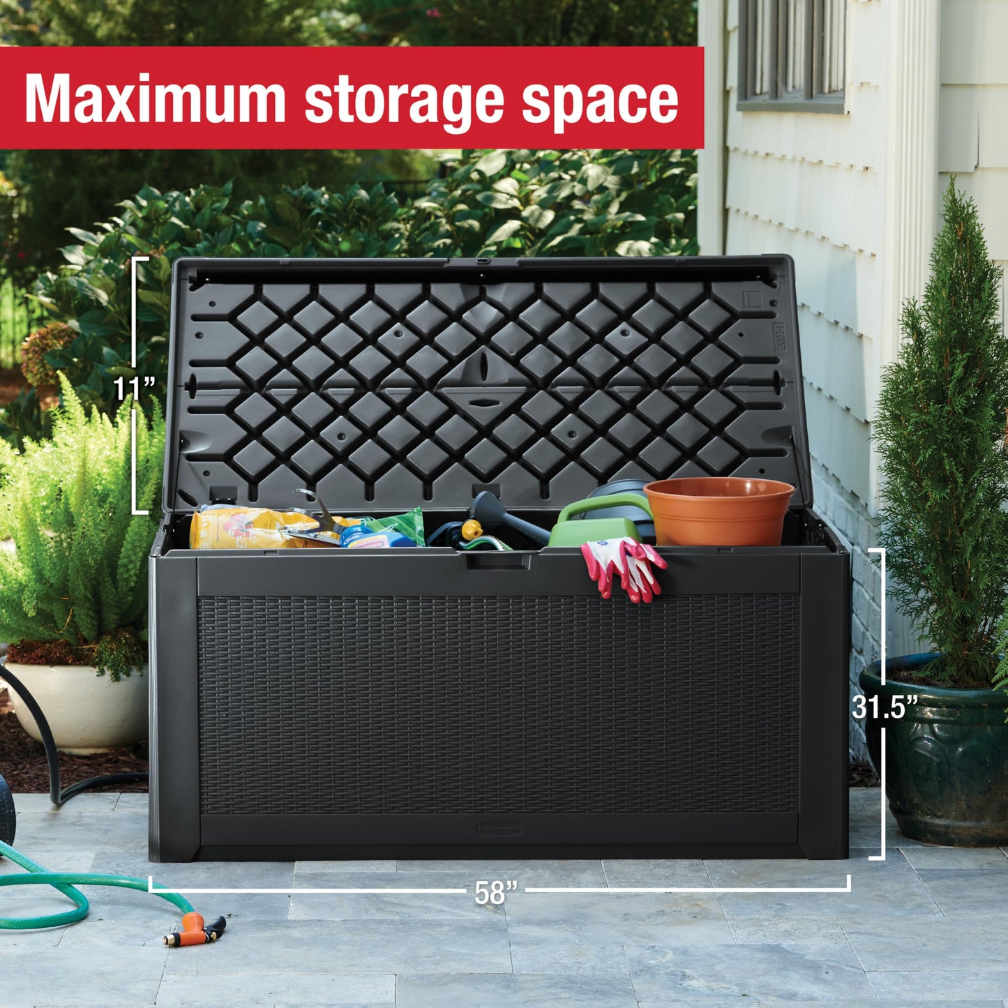 Rubbermaid Extra Large Resin Outdoor Storage Deck Box (134 Gal), Weather Resistant, Black, Deck Organization for Home/Backyard/Pool Chemicals/Toys/Garden Tools/Porch/Patio Cushions