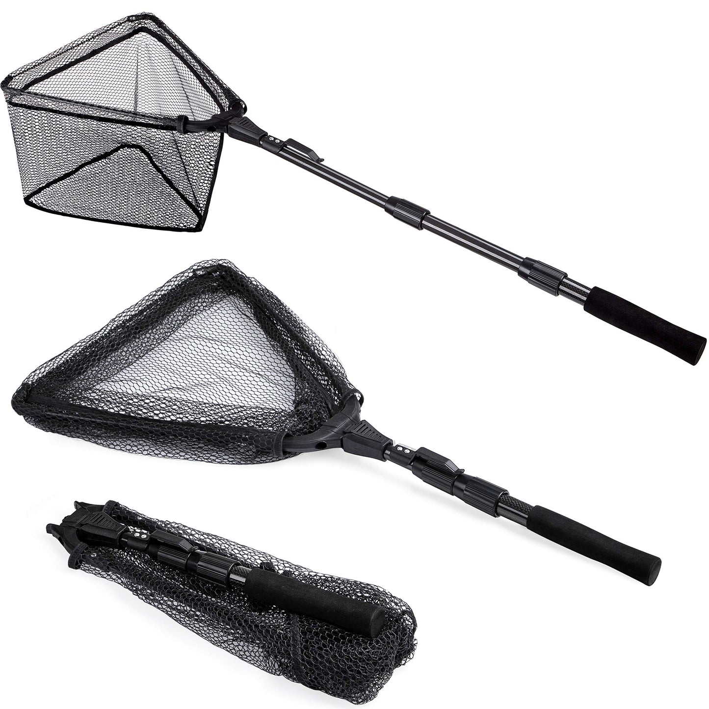 PLUSINNO Fishing Net Fish Landing Net, Foldable Collapsible Telescopic Pole Handle, Durable Nylon Material Mesh, Safe Fish Catching or Releasing