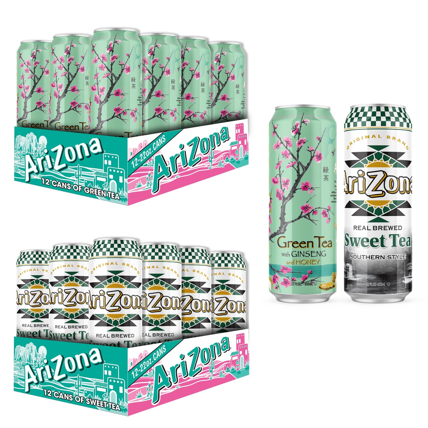 AriZona Green Tea with Ginseng and Honey - Big Can, 22 Fl Oz (Pack of 12)