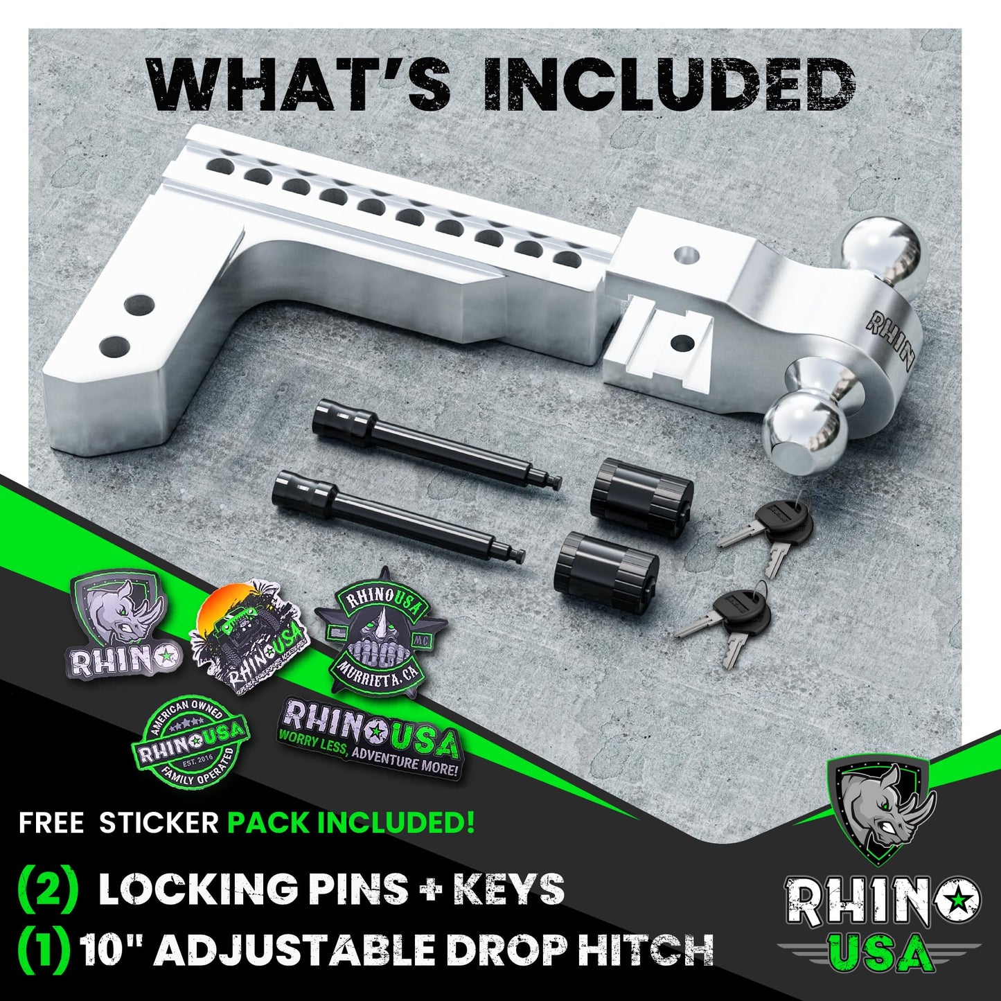 Rhino USA Adjustable Trailer Hitch (Fits 2-Inch Receiver) - Heavy Duty Aluminum Tow Hitches with 6-Inch Drop/Rise for Truck (12,500 LBS GTW) - Weatherproof Double Anti-Theft Locking Hitch Pins (Black)