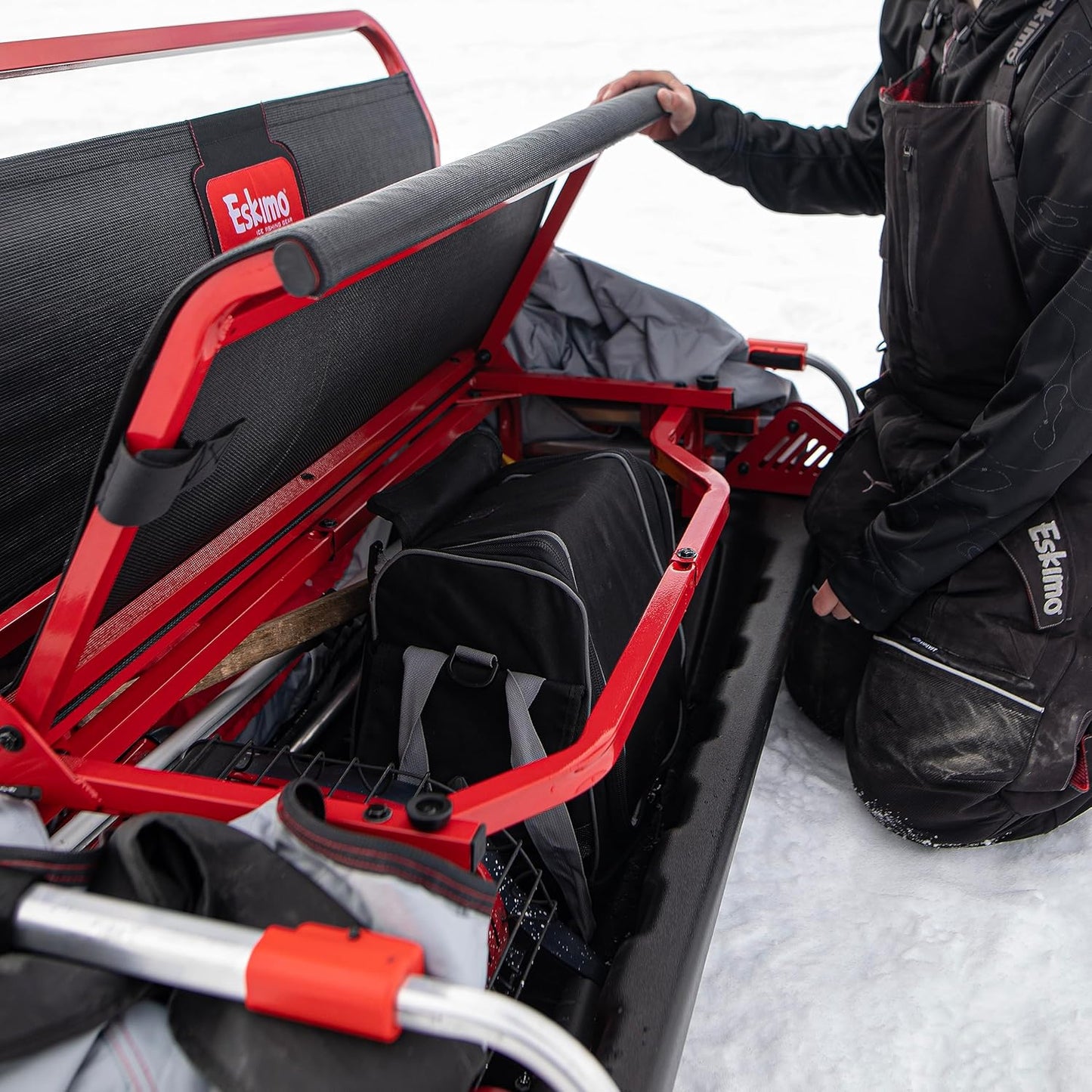 Eskimo Eskape 2000, Flip-Style Sled Ice Fishing Shelter, Insulated, Red/Black, 1-2 Person Capacity, Two Person Versatile Bench Seat, Gray Interior, 44100