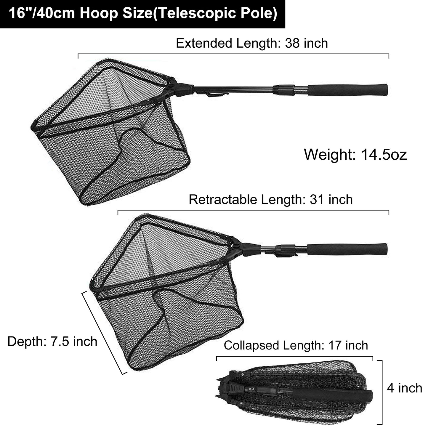 PLUSINNO Fishing Net Fish Landing Net, Foldable Collapsible Telescopic Pole Handle, Durable Nylon Material Mesh, Safe Fish Catching or Releasing