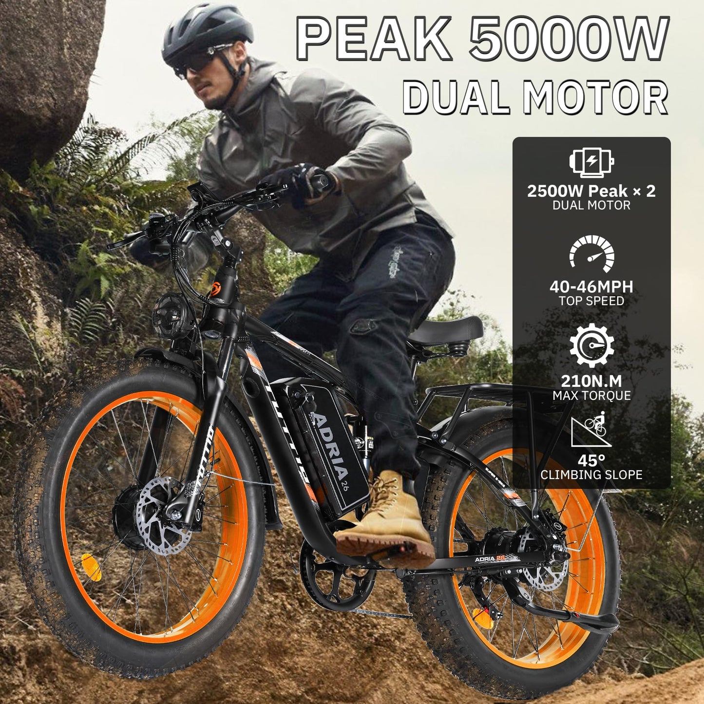 Peak 5000W-Electric-Bike for Adults-Men, Dual-Motor-Ebike 40-46MPH-Hunting-Ebike, 52V 30AH Long Range Dirtbike, 26" Fat-Tire-Electric-Bicycle, Full Suspension Mountain Bike for Off-Road Snow Sand