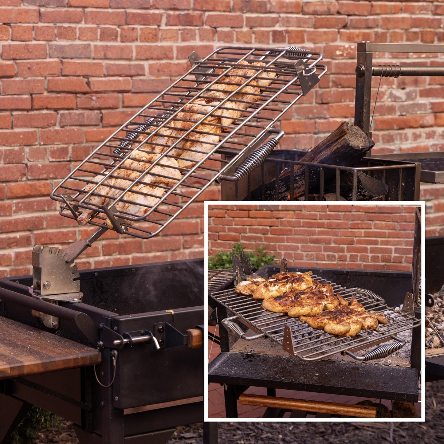 Backyard Discovery Argentine Santa Maria Wood Fire & Charcoal BBQ Grill with Brasero, Adjustable Grill Grates, Fire Bricks, Heavy-Duty Steel, S-Hooks, Acacia Wood Table for Outdoor Gaucho Grilling