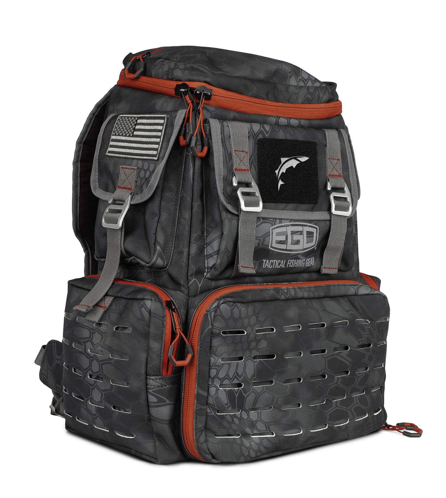 EGO Kryptek Tactical Tackle Box Backpack, Durable Fishing Tool Bag, 1000D Nylon Fabric with PVC Back, Water-Resistant, Multiple Storage Pockets, Laser-Cut Molle Loops, Includes 4 Tackle Trays