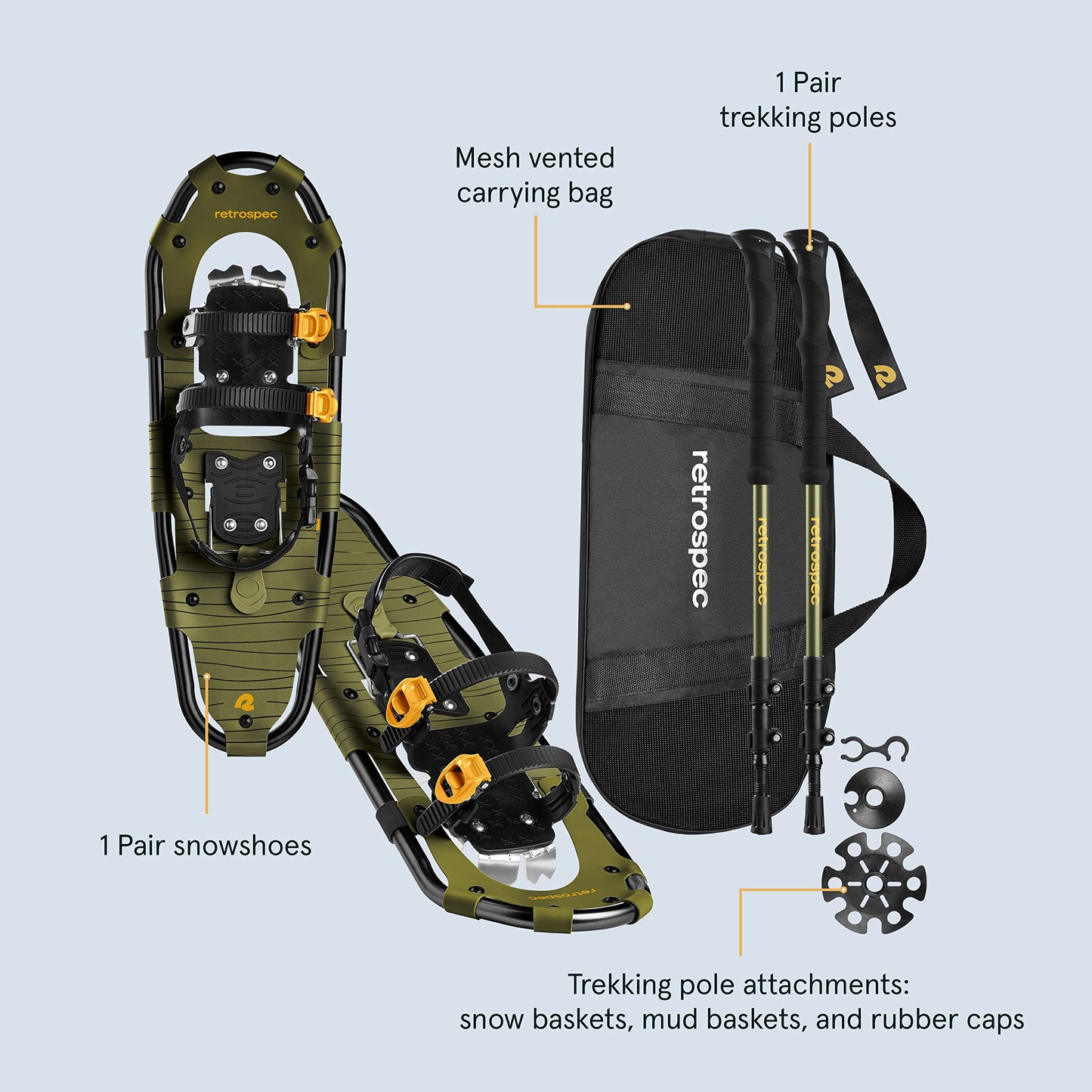 Retrospec Drifter Snowshoes & Trekking Poles Bundle with Adjustable Bindings - Lightweight Aluminum Frame for All Terrain Hiking & Winter Sports