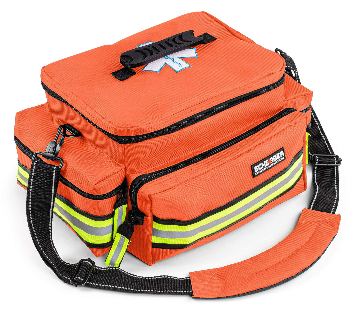 Scherber First Responder Fully-Stocked Professional Essentials EMT/EMS Trauma Kit | HSA/FSA Approved | Reflective Bag w/8 Zippered Pockets & Compartments & 200+ First Aid Supplies - Red