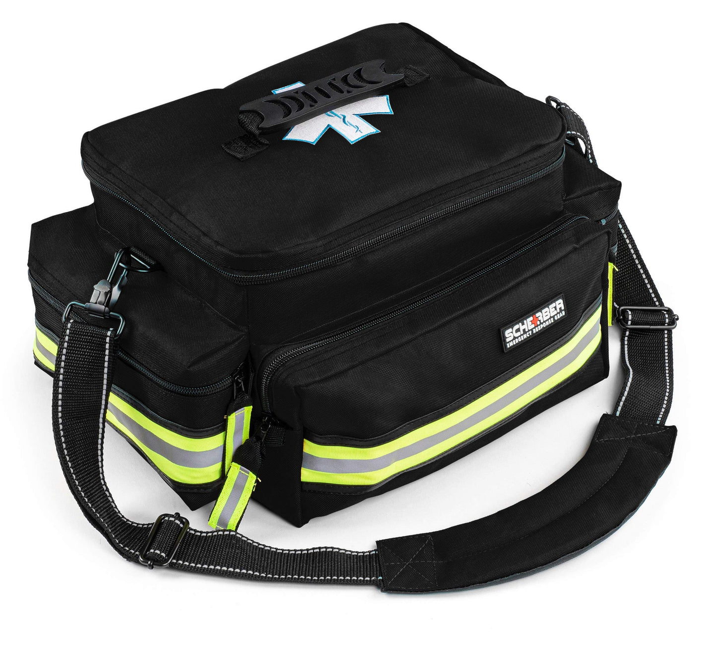 Scherber First Responder Fully-Stocked Professional Essentials EMT/EMS Trauma Kit | HSA/FSA Approved | Reflective Bag w/8 Zippered Pockets & Compartments & 200+ First Aid Supplies - Red