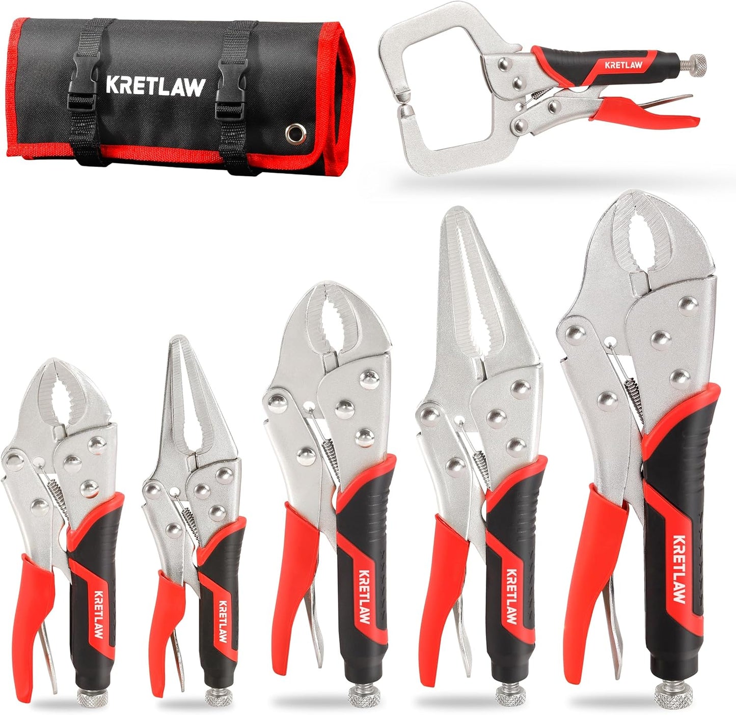 Vice Grips Pliers Set - 6-Piece Set Including 6-1/2" & 9-1/2" Long Nose, 5", 7" & 10" Curved Jaw, 6" C-Clamp Locking Pliers With Rolling Pouch