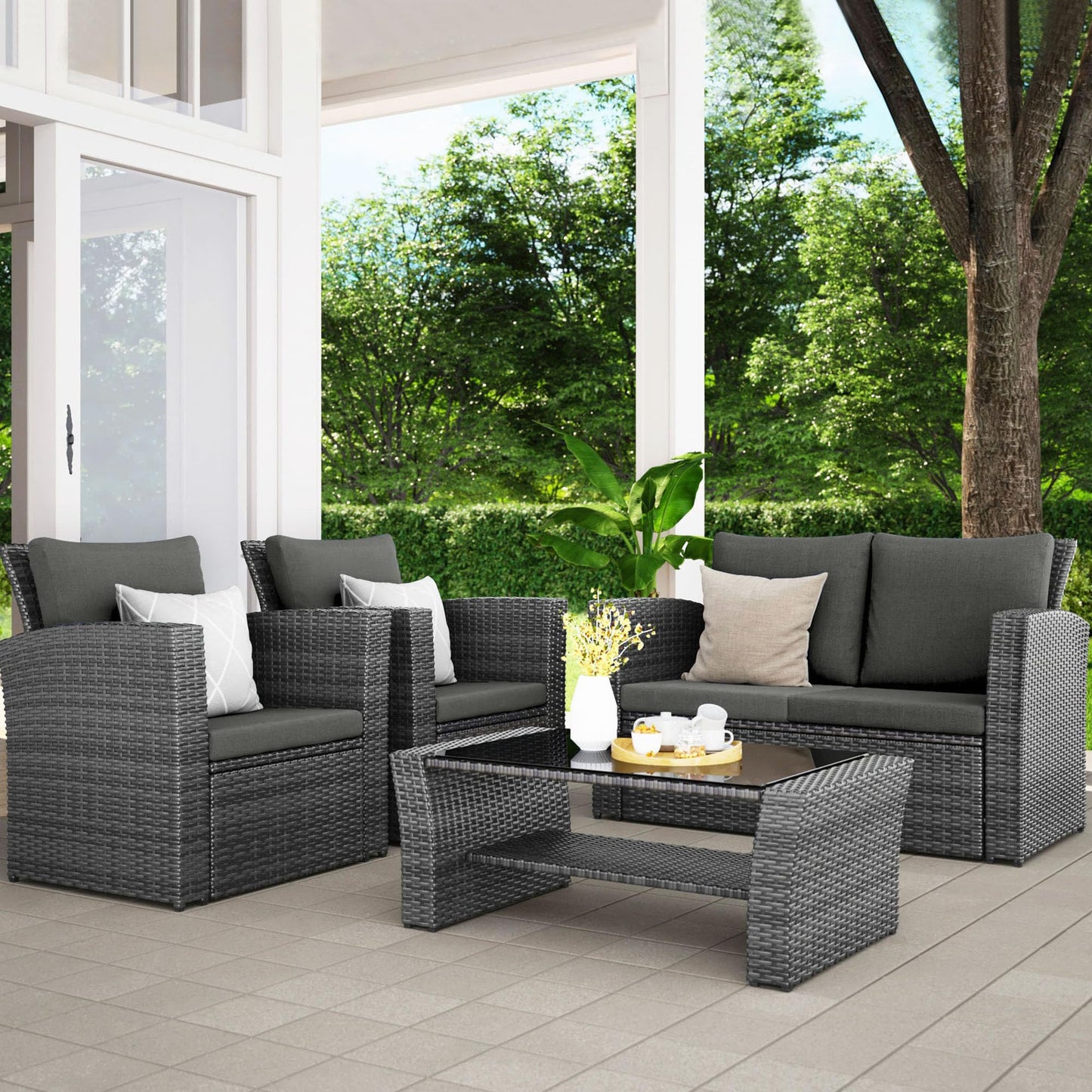 Wisteria Lane 4 Piece Outdoor Patio Furniture Sets, Wicker Conversation Set for Porch Deck, Brown Rattan Sofa Chair with Cushion