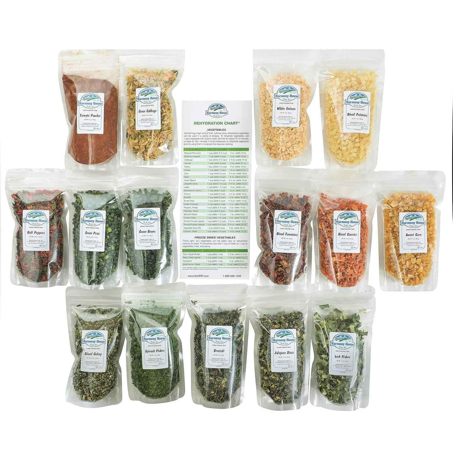 Harmony House Dehydrated Vegetable Sampler – 15 Count Variety Pack, Resealable Zip Pouches, For Cooking, Camping, Emergency Supply and More