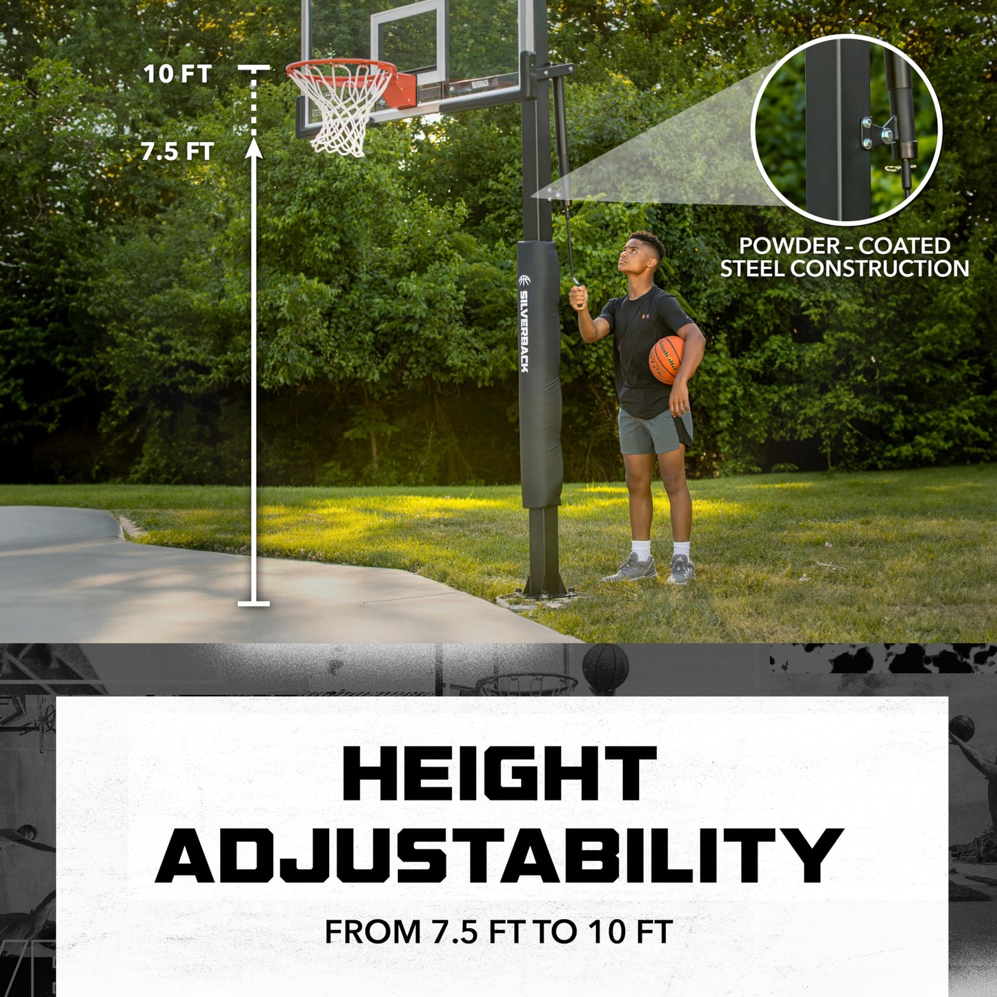 Silverback 60" Height Adjustable In-Ground Basketball Hoop with Tempered Glass Backboard, Pro-Style Breakaway Rim, Pole and Backboard Pad