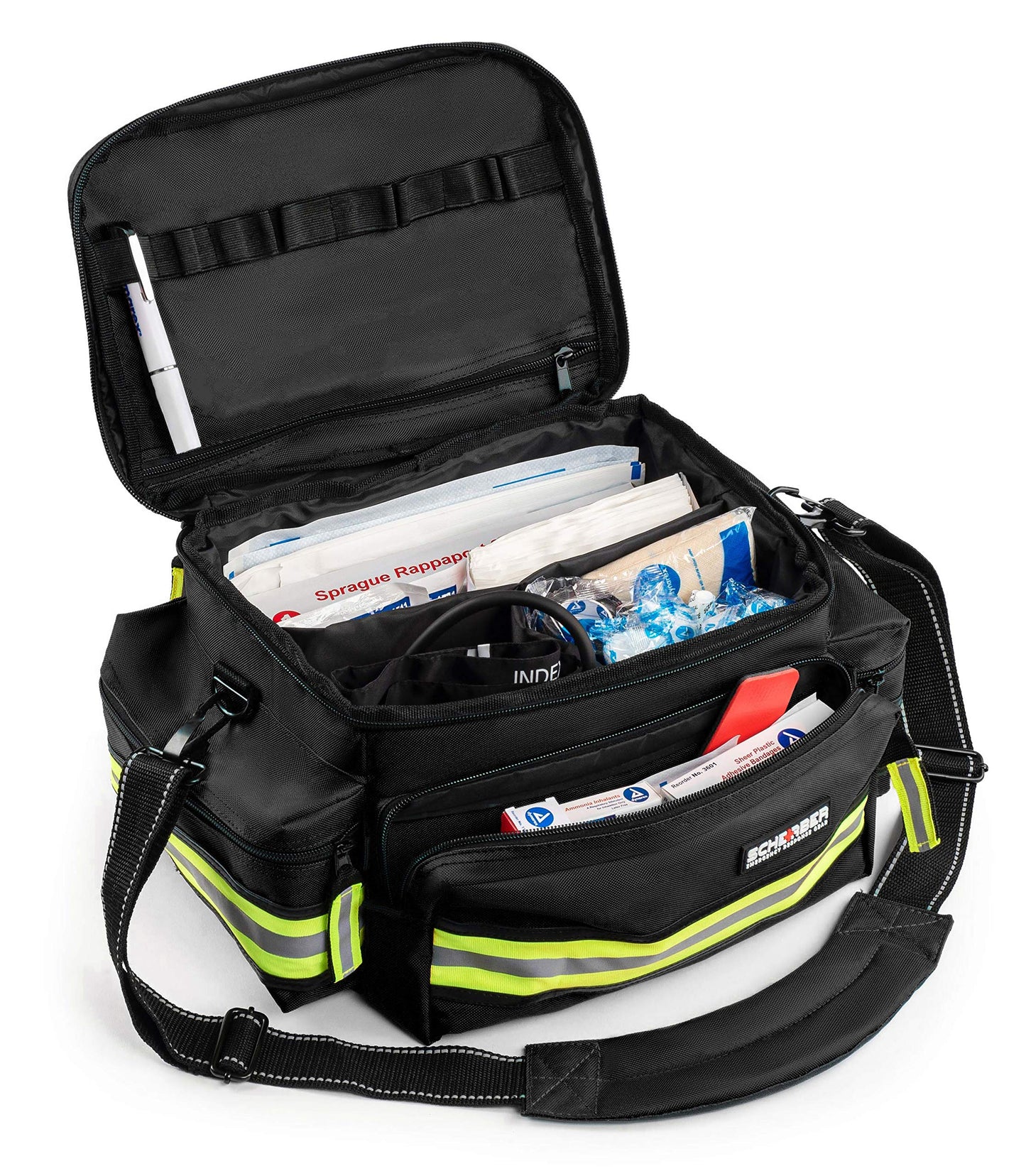 Scherber First Responder Fully-Stocked Professional Essentials EMT/EMS Trauma Kit | HSA/FSA Approved | Reflective Bag w/8 Zippered Pockets & Compartments & 200+ First Aid Supplies - Red