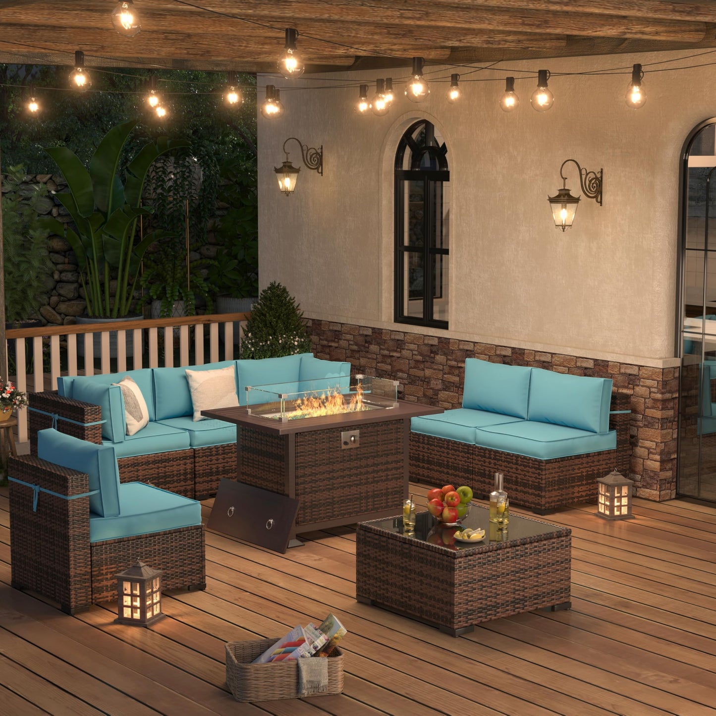 Amopatio Patio Furniture Sets, 7 Pieces Outdoor Rattan Sectional Sofa Set with Glass Table and Cushions, Wicker Patio Conversation Set for Outdoor Indoor Backyard Lawn Garden Porch (Grey)