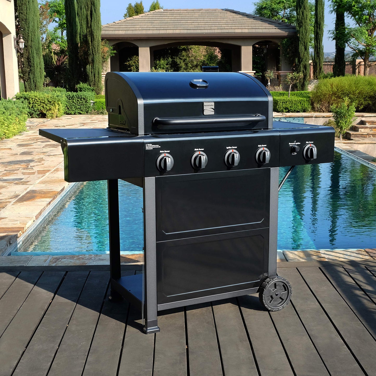 Kenmore 4-Burner Gas Grill with Side Burner, Outdoor BBQ Grill, Propane Gas Grill, Cast Iron Cooking Grates, Electronic Ignition, Warming Rack, Open Cart Design, 53000 BTUs, Stainless Steel and Black