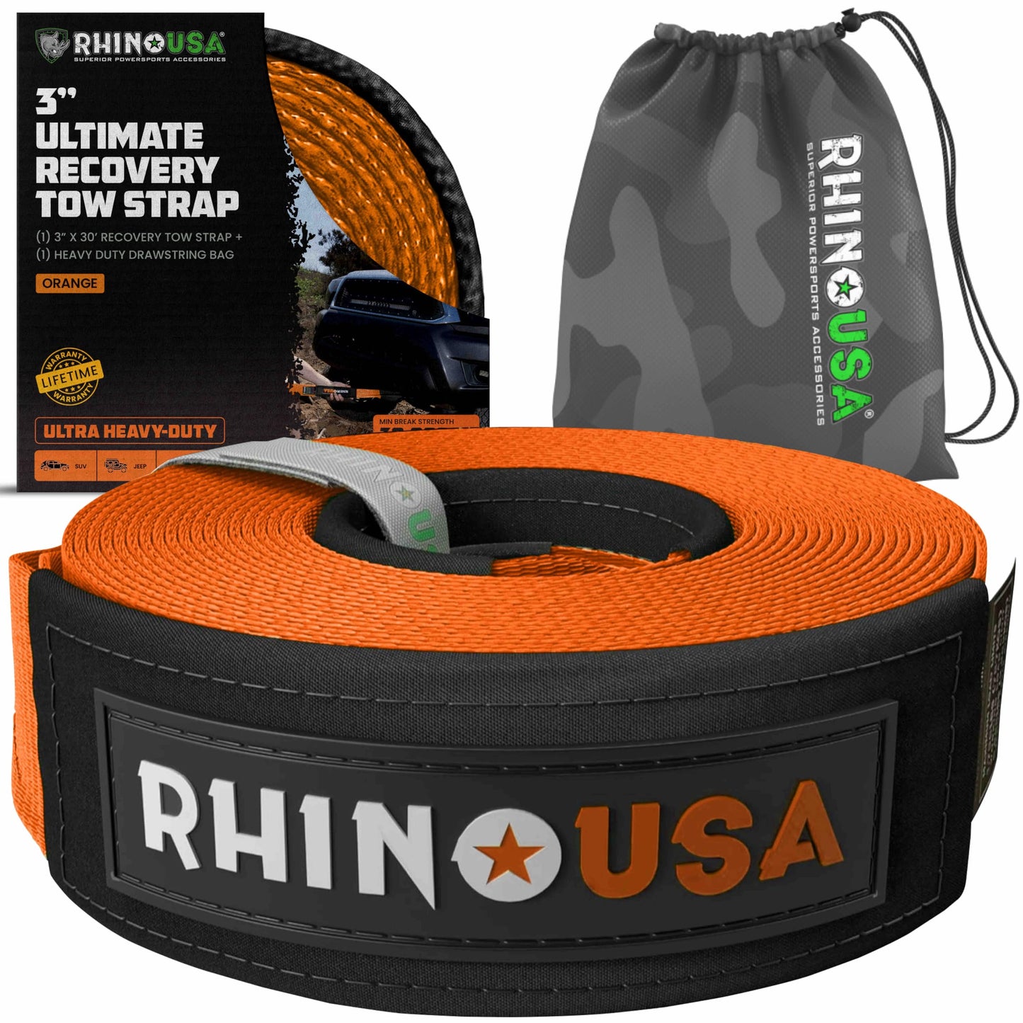 Rhino USA Recovery Tow Strap (3" x 20') - 31,518lb Break Strength - Emergency Recovery Strap Tow Rope for Truck, UTV, ATV & More - Heavy Duty Towing Strap for Offroad 4x4 Use - Compatible with Jeep