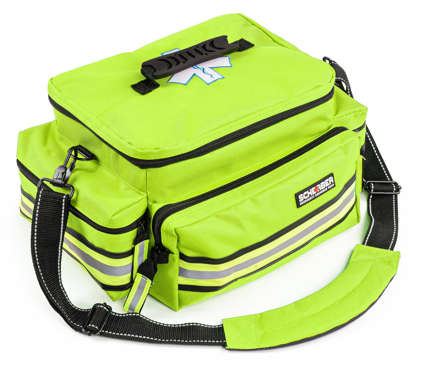 Scherber First Responder Fully-Stocked Professional Essentials EMT/EMS Trauma Kit | HSA/FSA Approved | Reflective Bag w/8 Zippered Pockets & Compartments & 200+ First Aid Supplies - Red