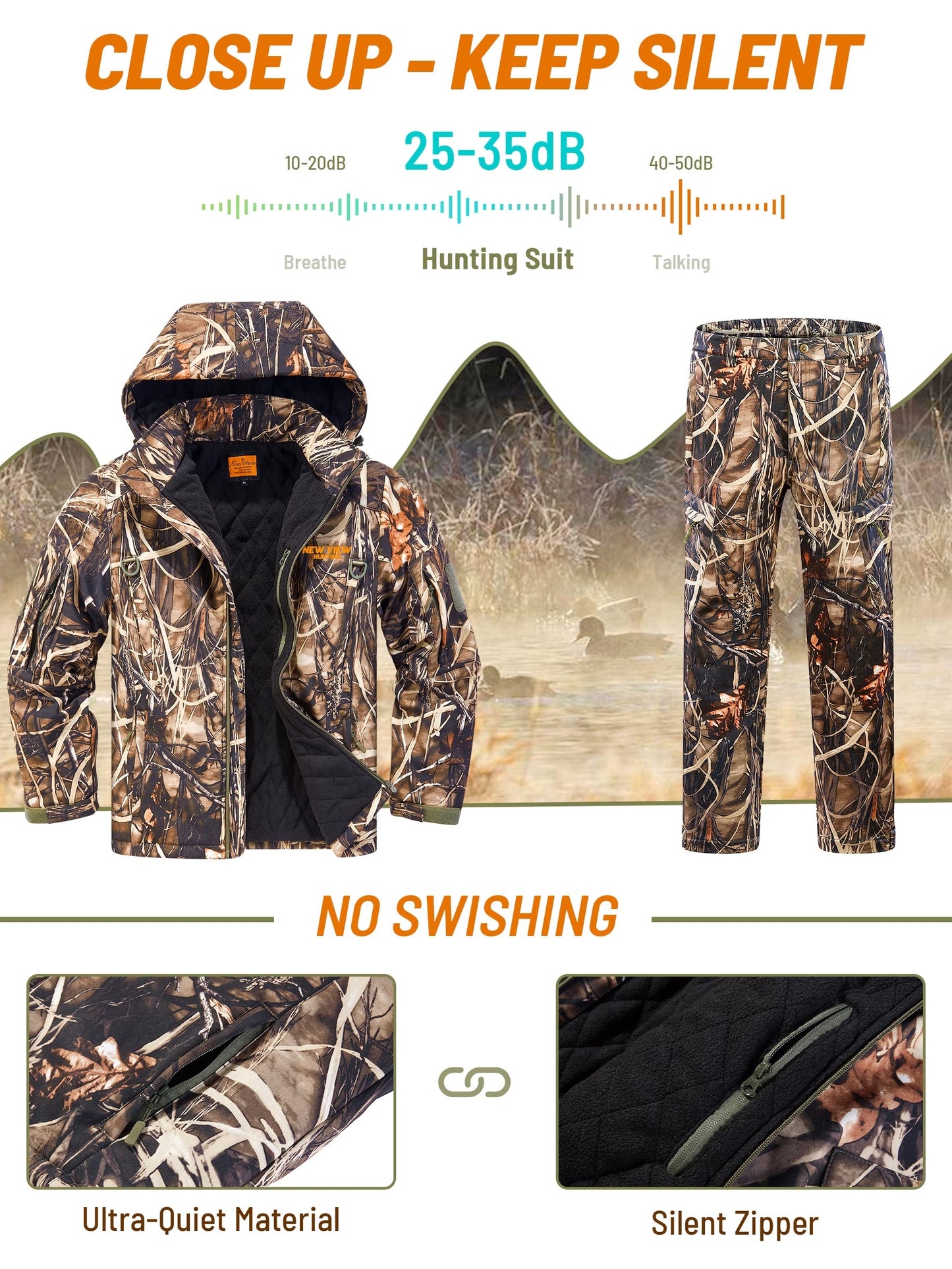 NEW VIEW Insulated Hunting Clothes for Men Cold Weather, Warm Camo Hunting Jacket and Pants, Hunting Suit for Deer Duck Hunts