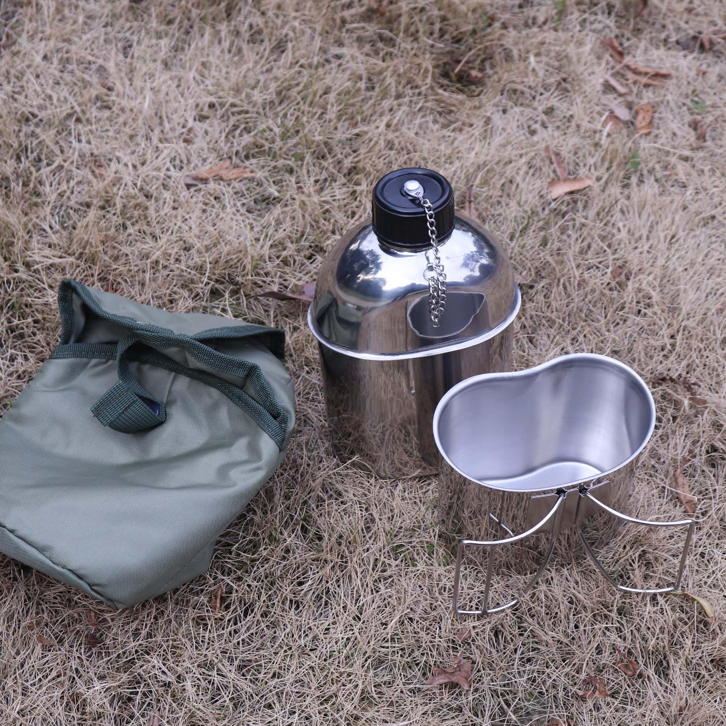 Goetland Stainless Steel WWII US Army Canteen Water Bottle Military Canteen Kit 1QT with 0.5QT Cup Nylon Pouch G.I.