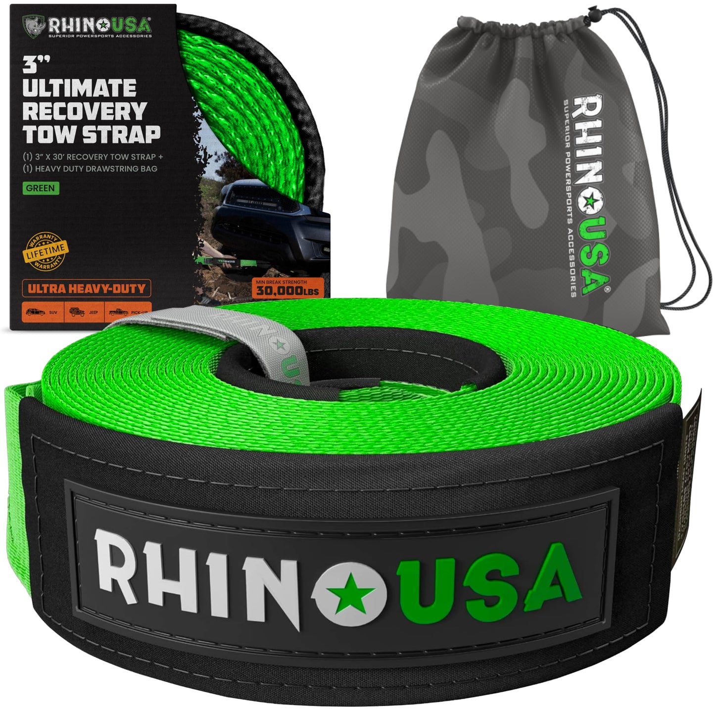Rhino USA Recovery Tow Strap (3" x 20') - 31,518lb Break Strength - Emergency Recovery Strap Tow Rope for Truck, UTV, ATV & More - Heavy Duty Towing Strap for Offroad 4x4 Use - Compatible with Jeep