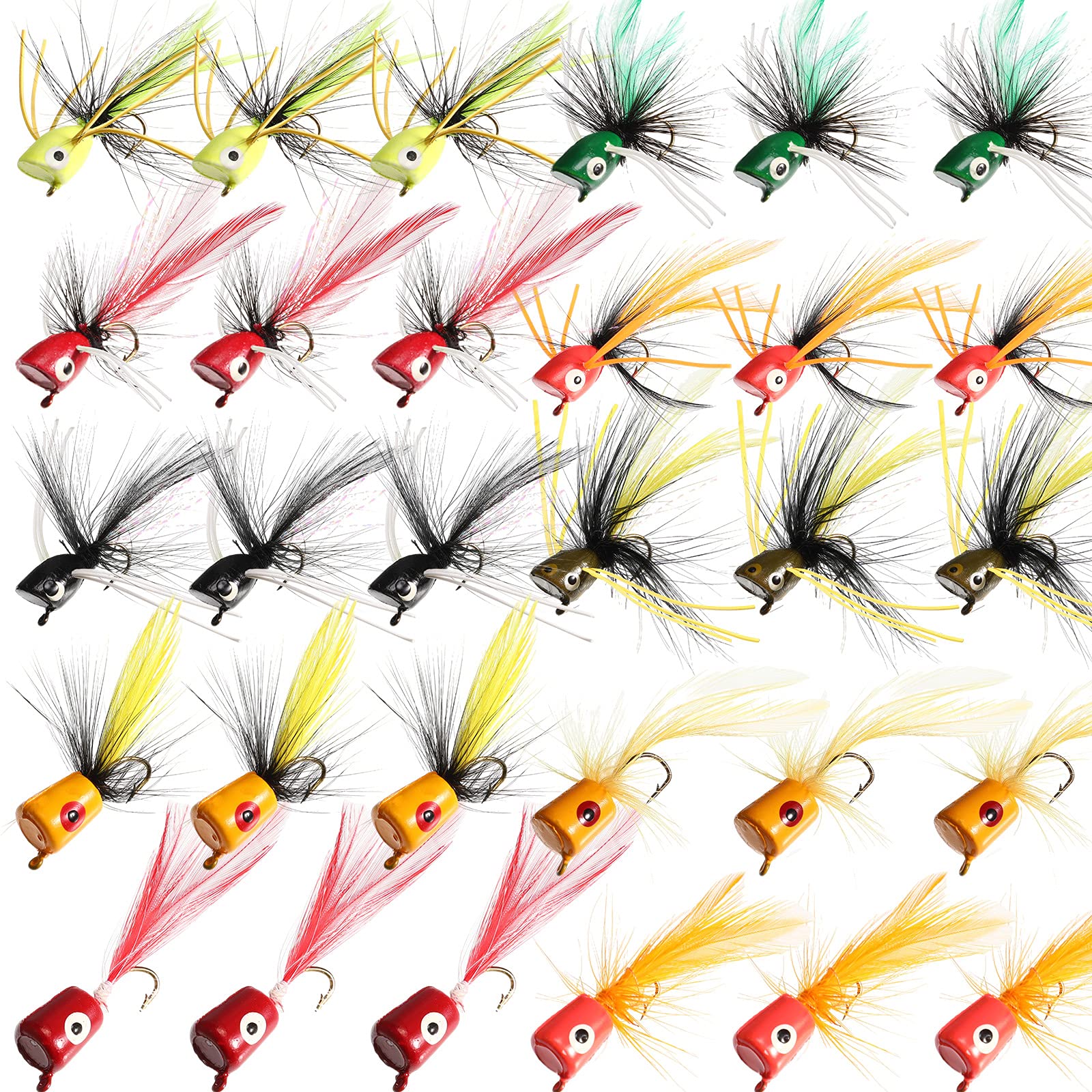 30 Pieces Fishing Lures Kit Bass Poppers Lures Colorful Fishing Bait with Hooks for Freshwater Panfish Assortment(Size 8,Chic Colors)