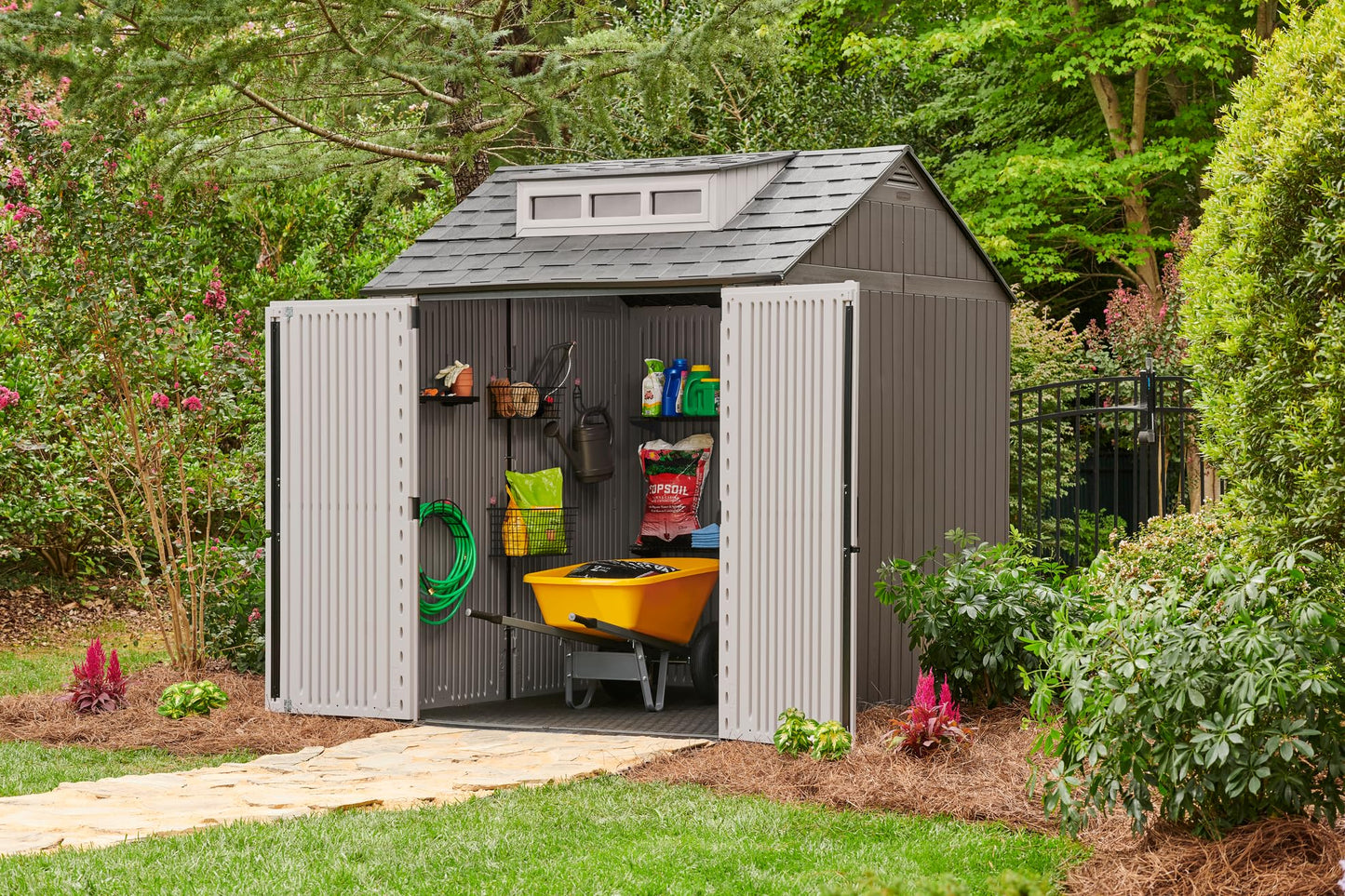 Rubbermaid Extra Large Resin Outdoor Storage Shed With Floor (7 x 10 Ft.), Weather Resistant, Brown, Organization for Home/Lawn Mower/Backyard Equipment/Bike Storage/Pool Supplies