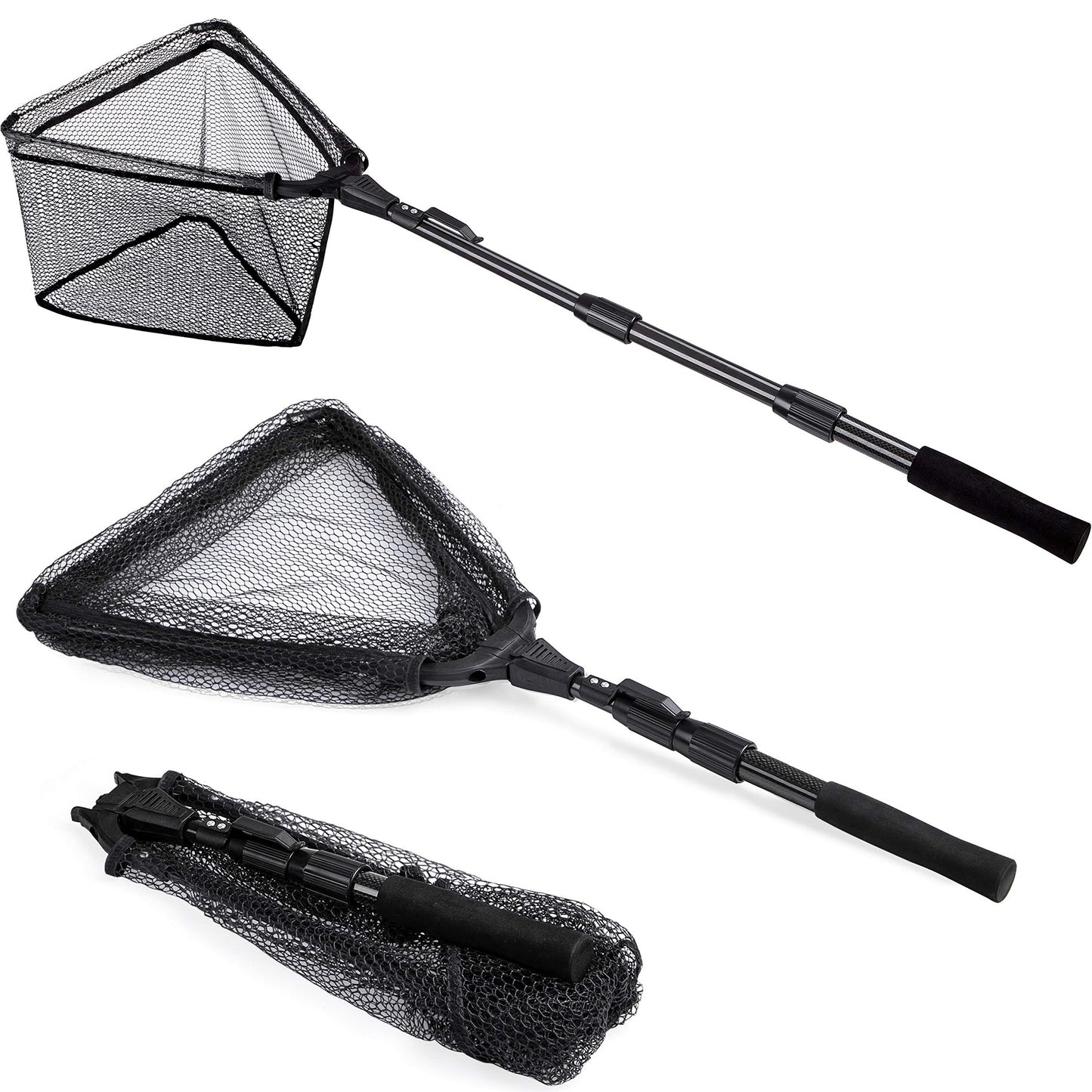 PLUSINNO Fishing Net Fish Landing Net, Foldable Collapsible Telescopic Pole Handle, Durable Nylon Material Mesh, Safe Fish Catching or Releasing