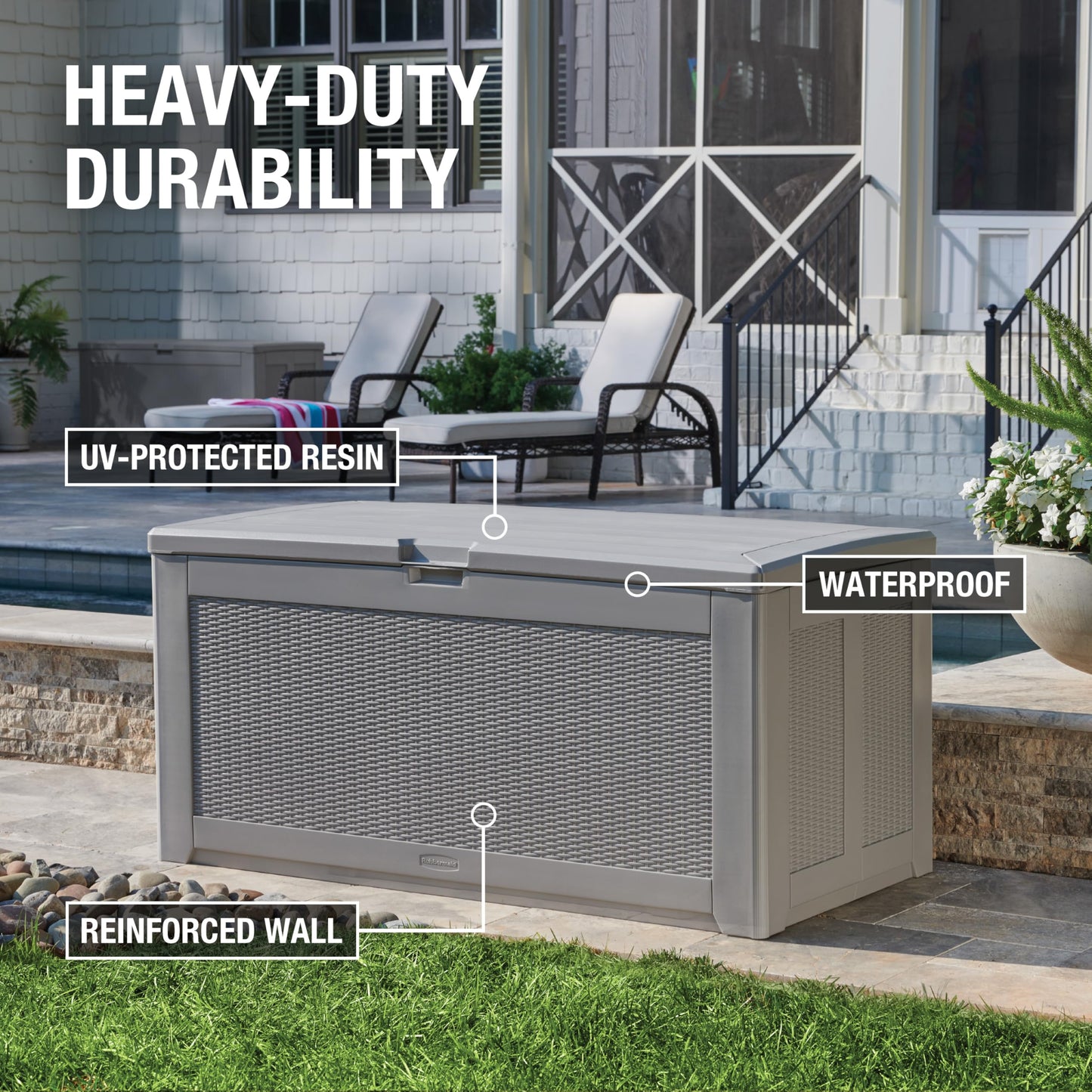 Rubbermaid Extra Large Resin Outdoor Storage Deck Box (134 Gal), Weather Resistant, Black, Deck Organization for Home/Backyard/Pool Chemicals/Toys/Garden Tools/Porch/Patio Cushions