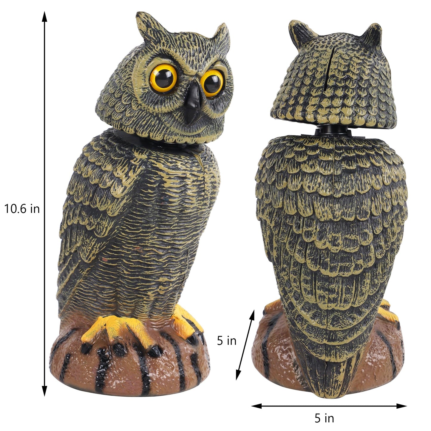 Hausse 2 Pack Bird Scarecrow Fake Owl Decoy Sculpture, Rotating Head Plastic Owl Bird Deterrents, 10.6 Inch Height Nature Enemy Horned Pest Repellent for Outdoor Garden Yard