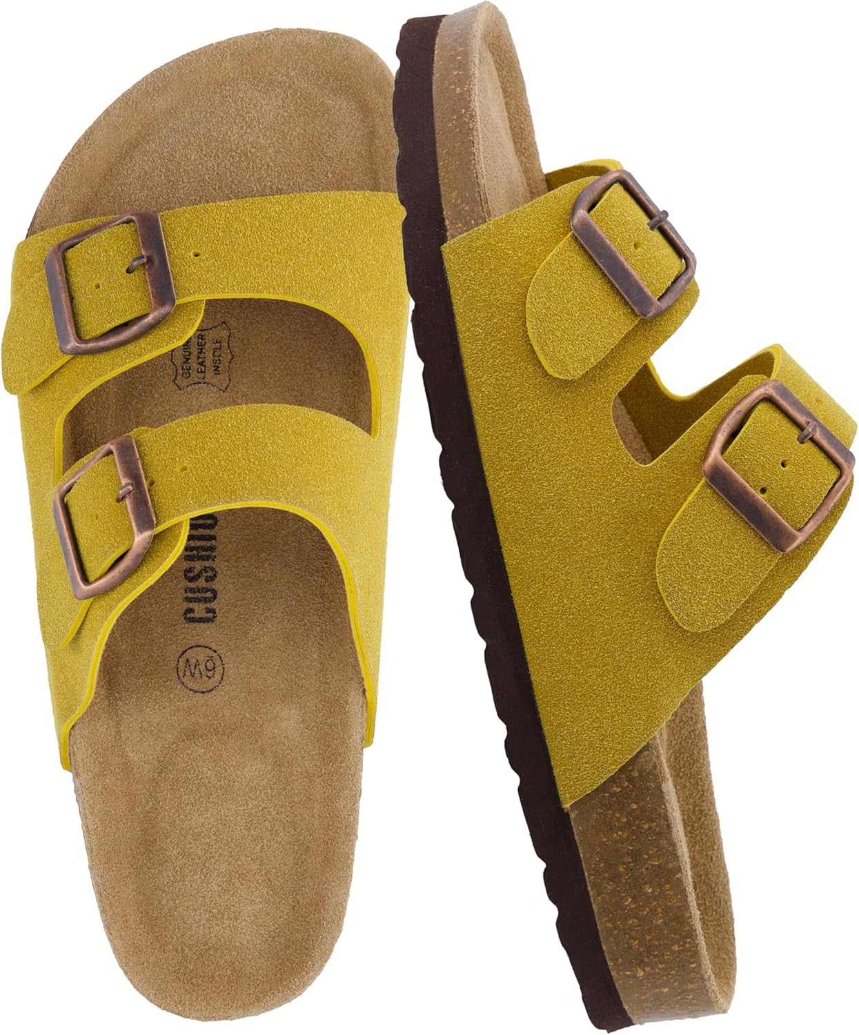 CUSHIONAIRE Lane Cork Footbed Sandals for Women – Comfortable Double Buckle Slip-On with Genuine Suede Footbed & Arch Support Slides for Women Footwear