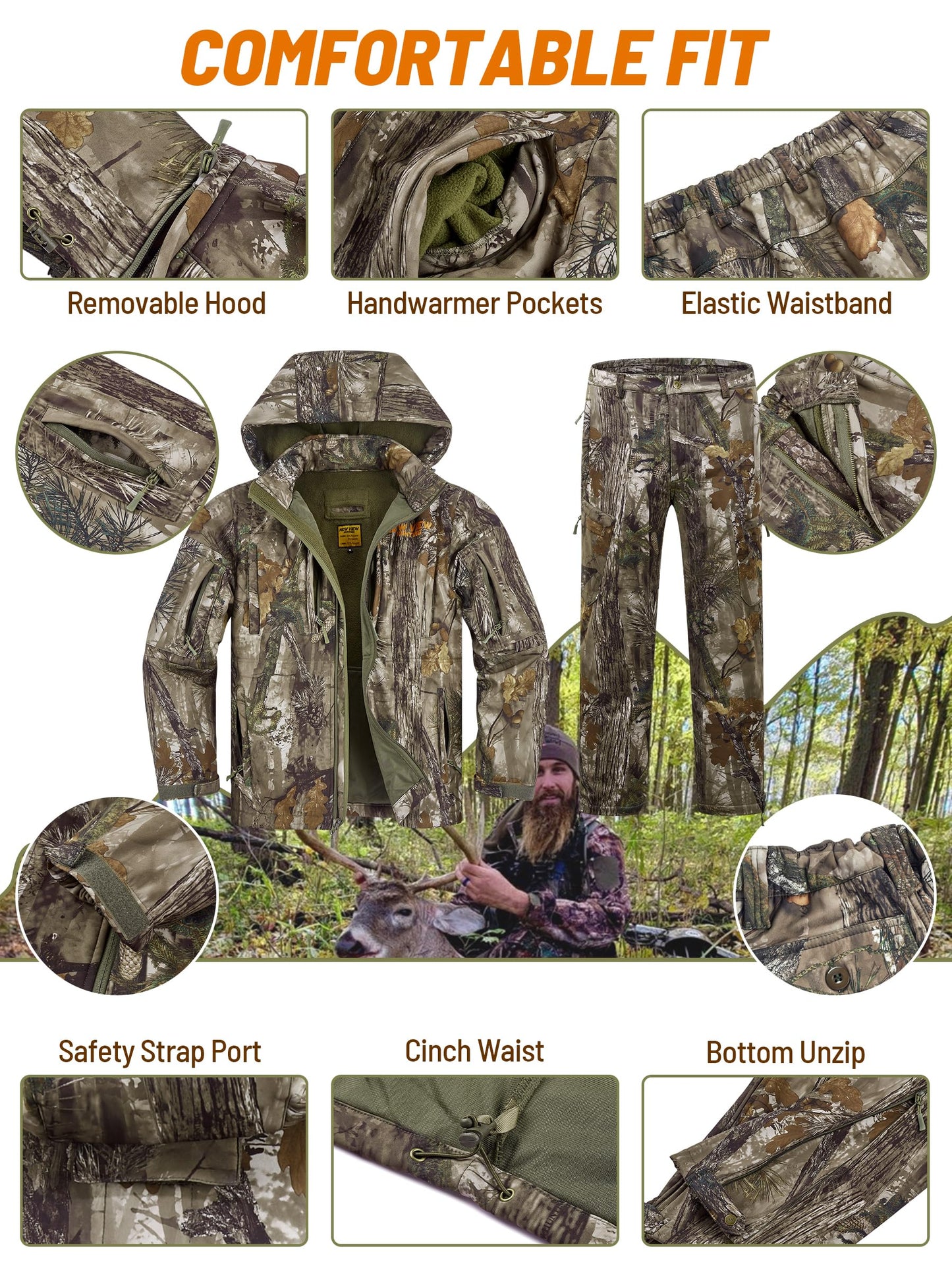 NEW VIEW Camo Clothes for Men, Winter Warm Hunting Jacket and Pants, Fleece Lined Suit for Deer Duck Bow Hunts