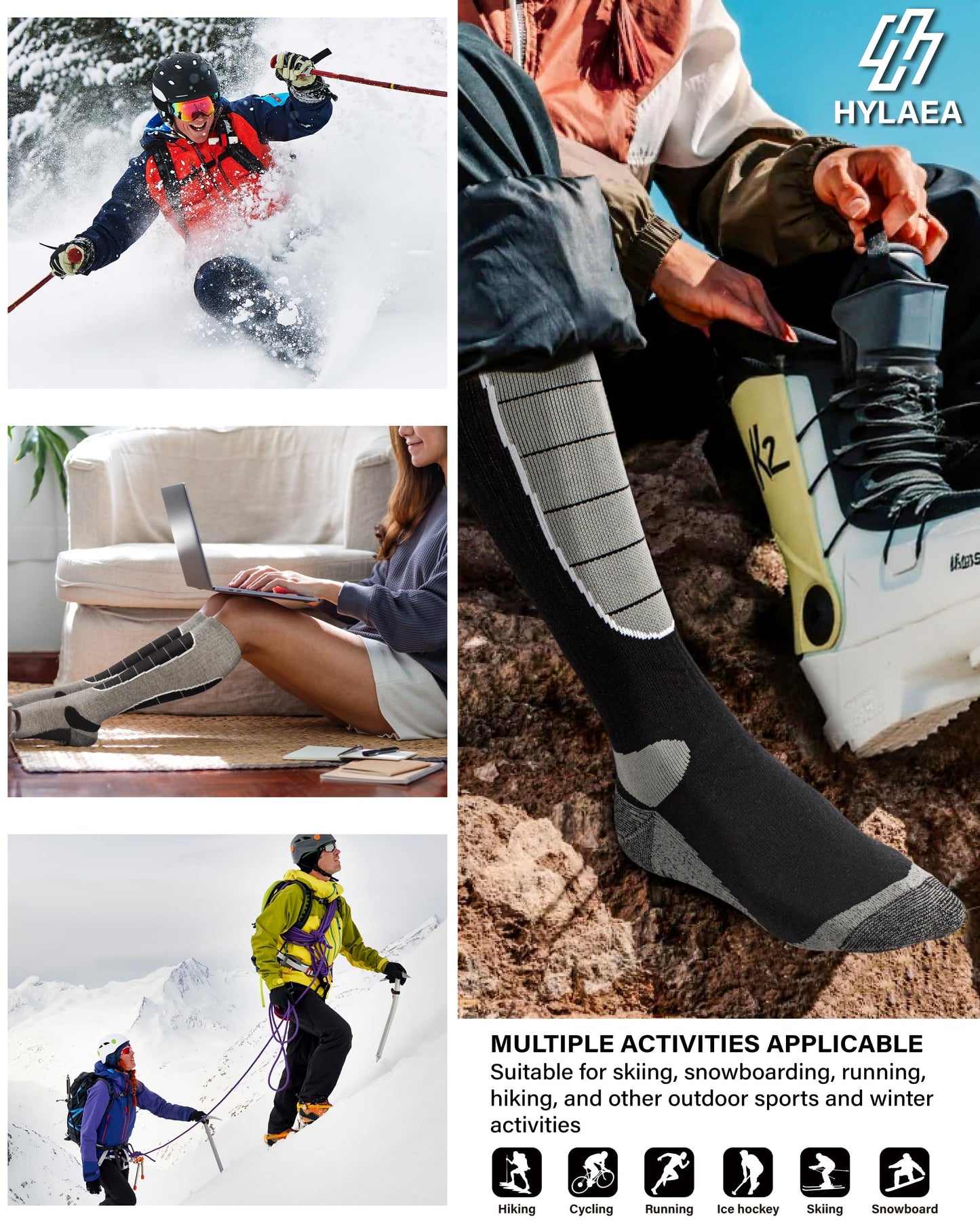 Hylaea Merino Wool Ski Socks, Cold Weather Socks for Snowboarding, Snow, Winter, Thermal Knee-high Warm Socks, Hunting