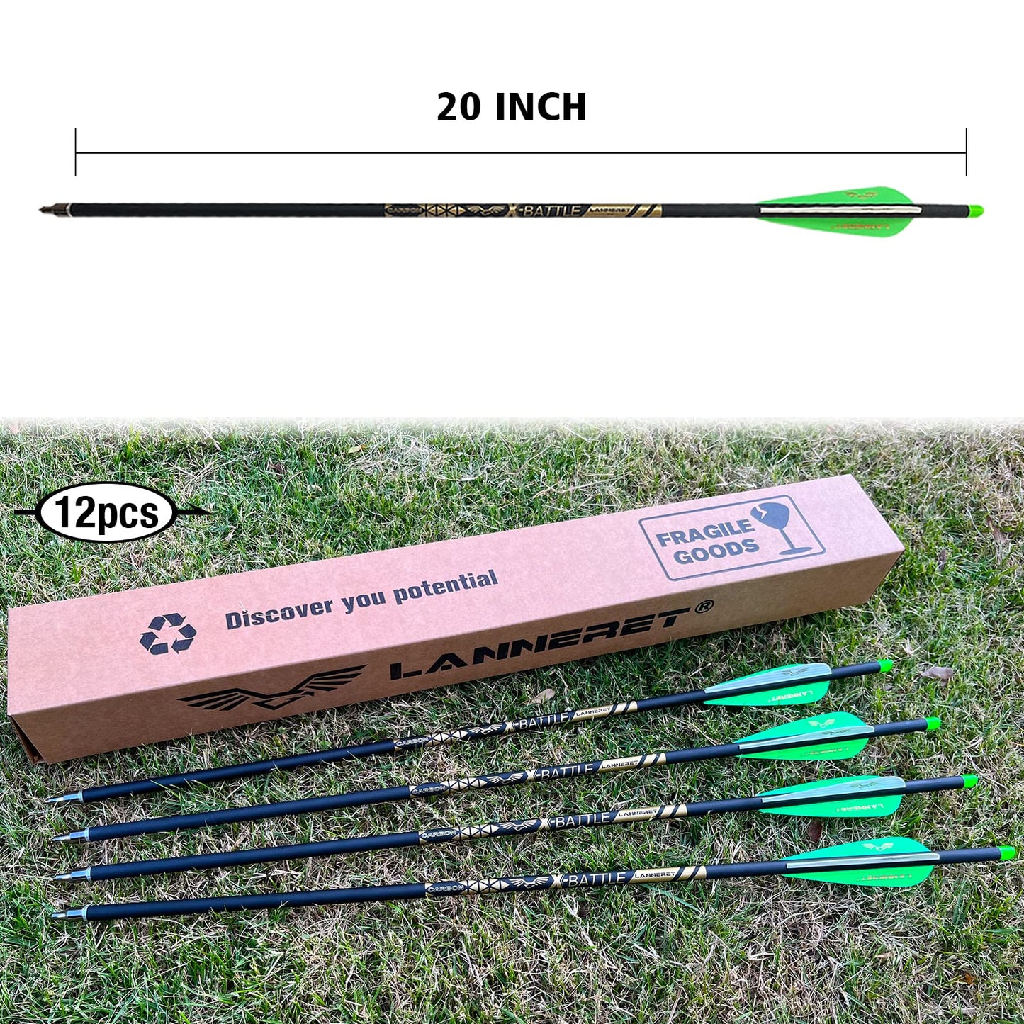 Lanneret Carbon Crossbow Bolts 17,20,22Inch Arrows Bolt Crossbolt Fletched 4 Inch Vane with Field Point (Pack of12) Black