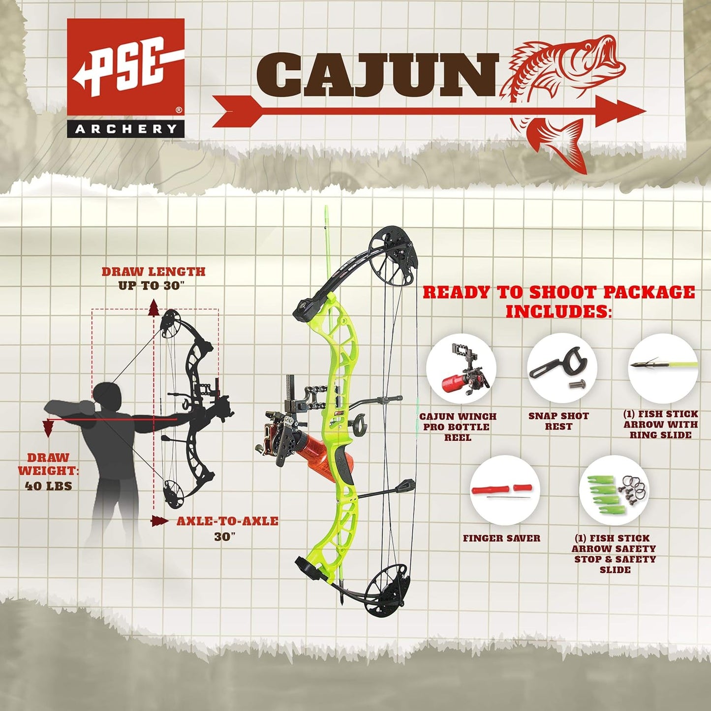 PSE ARCHERY D3 Bowfishing Compound Bow-Kit-Set-Arrow - Green - 30-40