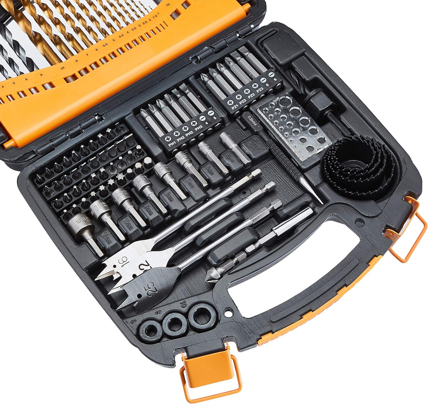 Amazon Basics Drill & Driver Multi Bit Set, Alloy Steel Wood Straight Drill Bits, for Metal, Wood, Plastic, Masonry, with Storage Case, 100-Piece