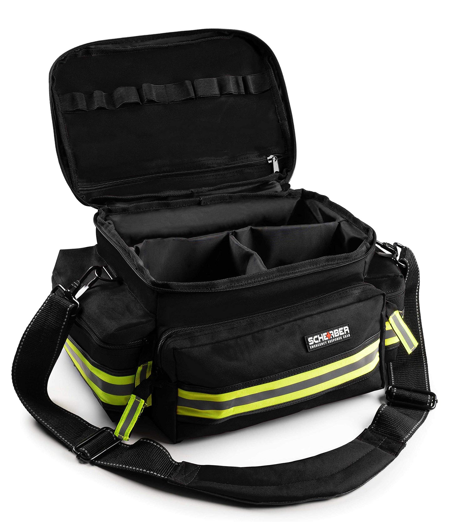 Scherber First Responder Fully-Stocked Professional Essentials EMT/EMS Trauma Kit | HSA/FSA Approved | Reflective Bag w/8 Zippered Pockets & Compartments & 200+ First Aid Supplies - Red